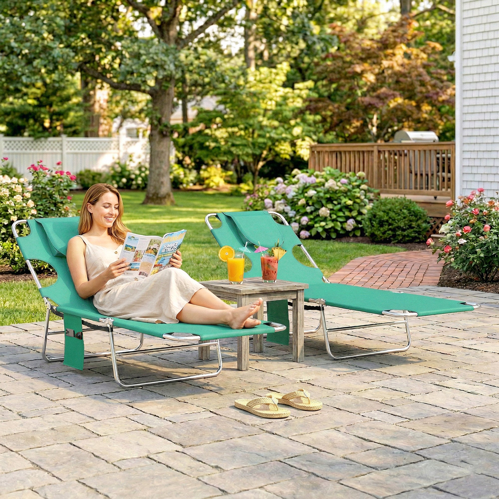 Outsunny 5-Position Adjustable Sun Loungers Set of 2 with Reading Hole and Side Pocket, Green