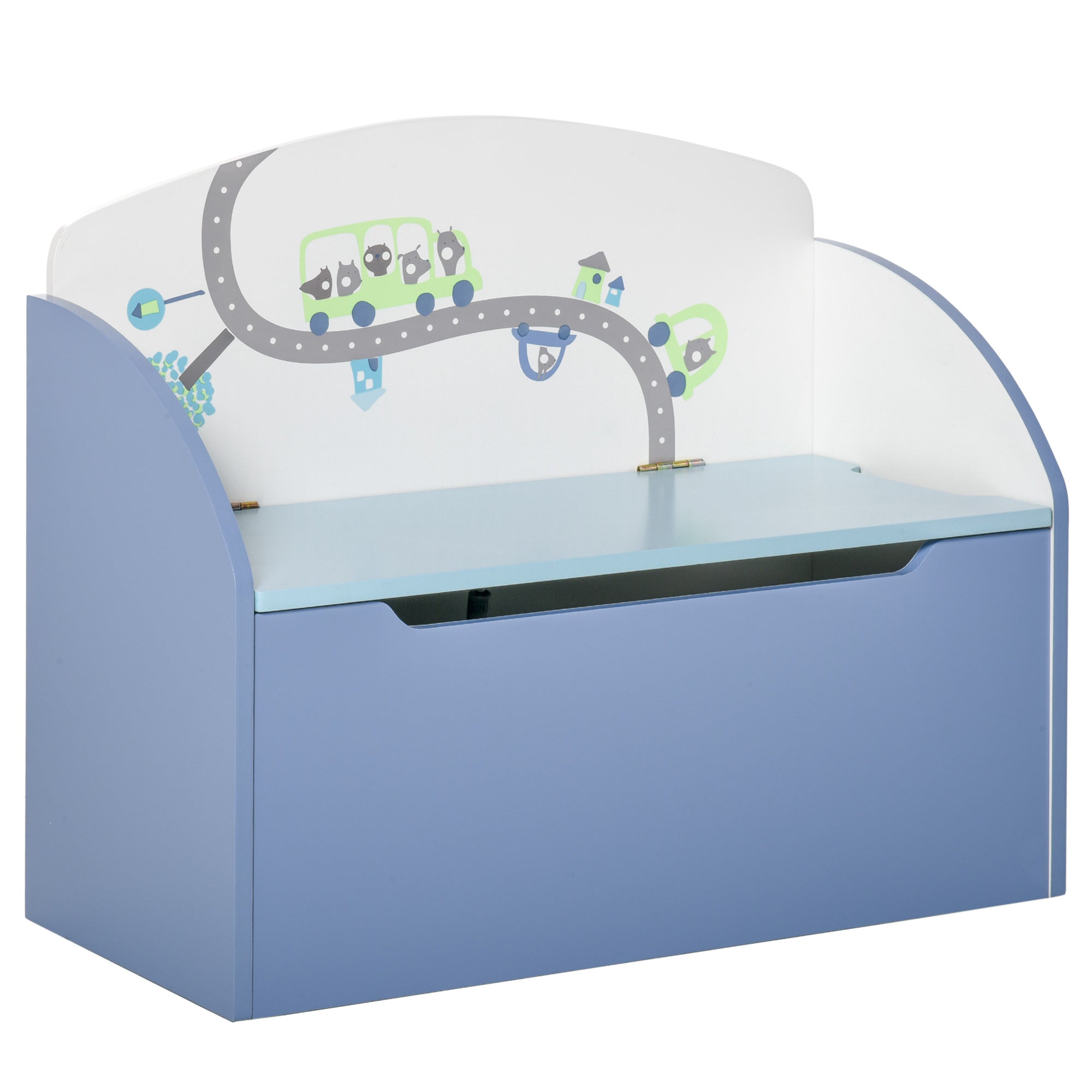 HOMCOM Kids Wooden Toy Box Children Storage Chest Bench Organiser Safety Hinge Bedroom Playroom Furniture Blue - North Peak Garden Furniture