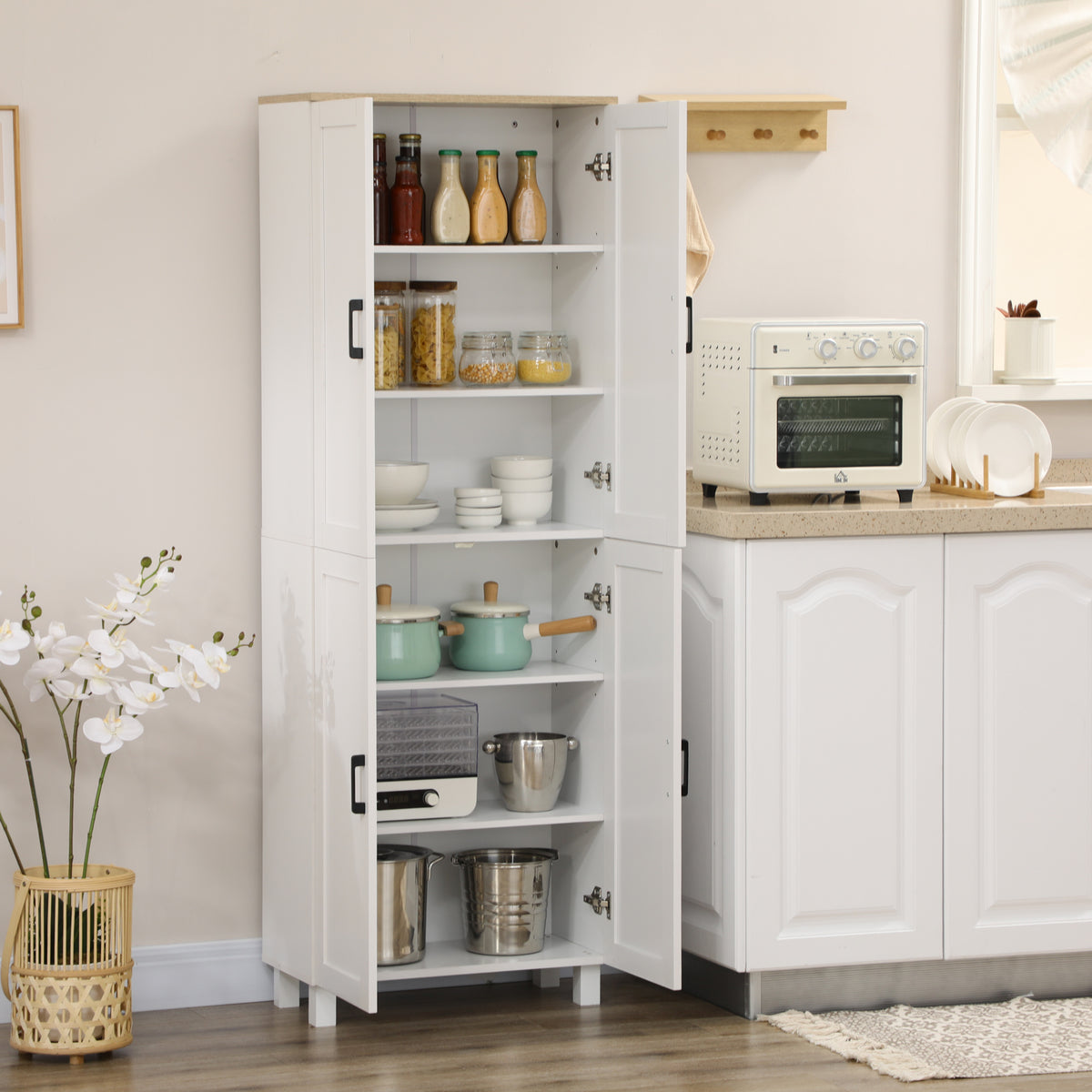HOMCOM Freestanding Kitchen Cupboard, 4-Door Storage Cabinet Organizer with Adjustable Shelves White