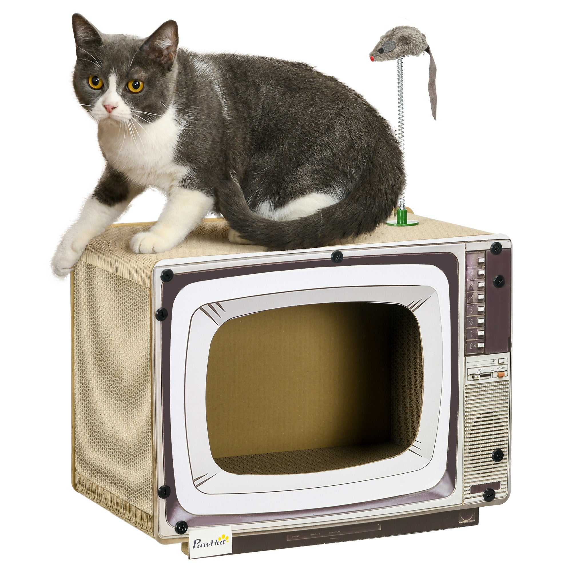 PawHut TV-Shaped Scratching Board with Scratcher, Catnip, Toy Rat, Cat Scratcher for Indoor Cats, 43 x 23 x 32.5cm - North Peak Garden Furniture