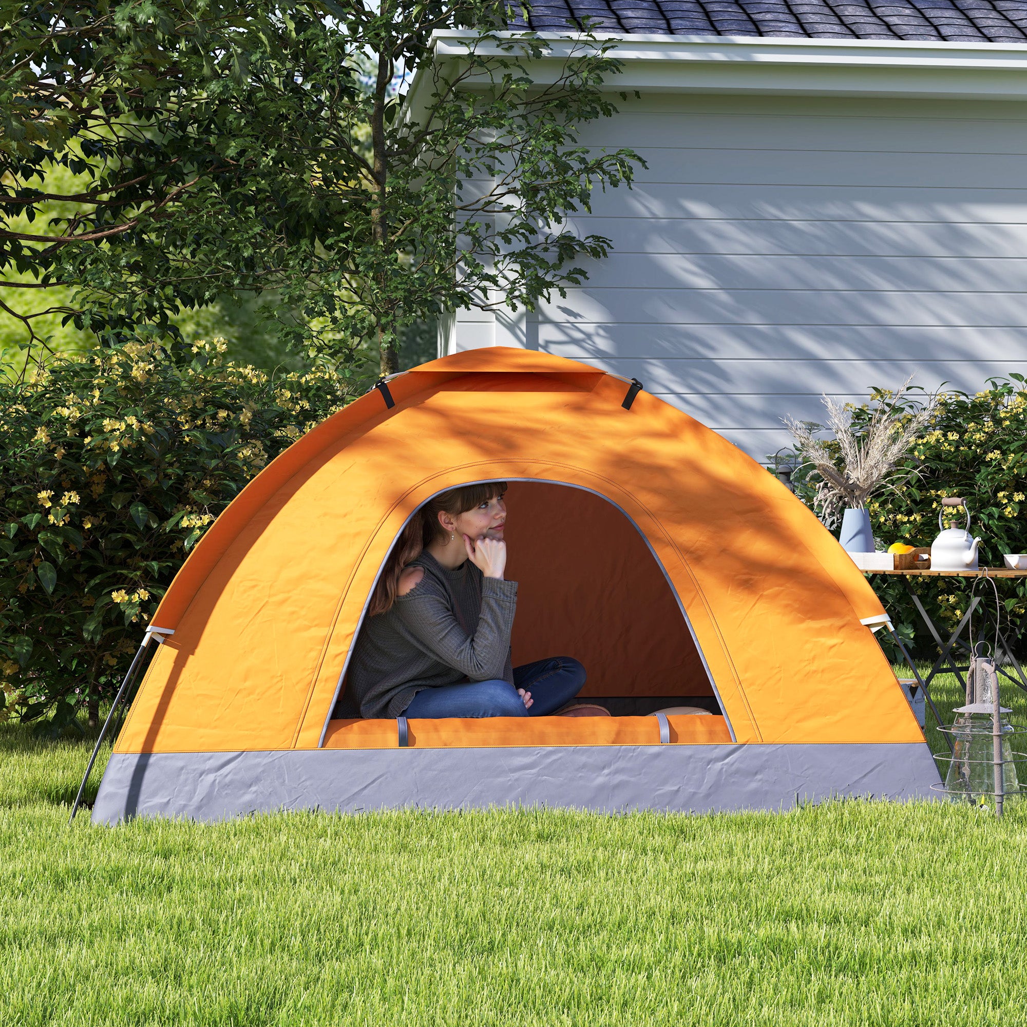 Outsunny 2 Person Camping Tent, Dome Tent with Zipped Doors, Storage Pocket, Portable Handy Bag, Orange - North Peak Garden Furniture