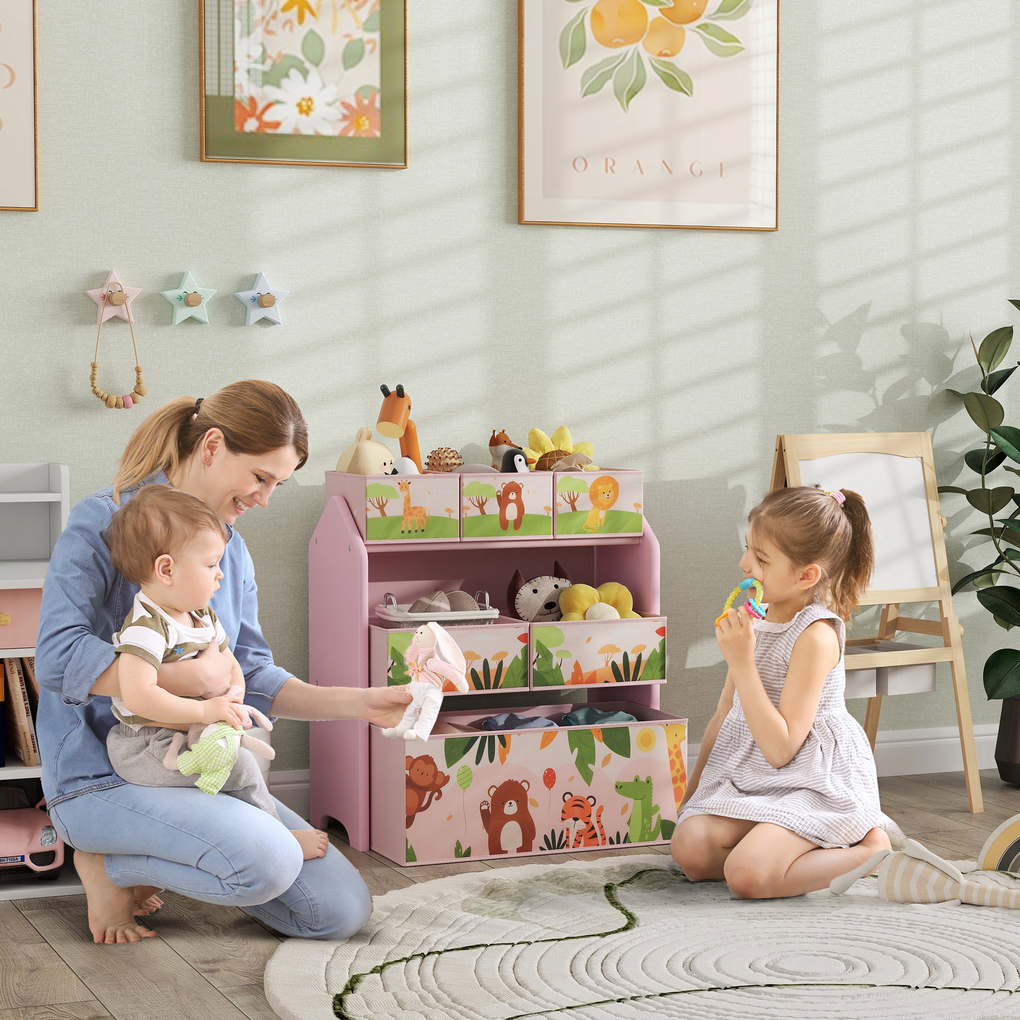 AIYAPLAY 3-Tier Kids Toy Storage Unit with 6 Removable Storage Boxes, for Playroom, Bedroom, Children's Room, Nursery, Pink - North Peak Garden Furniture