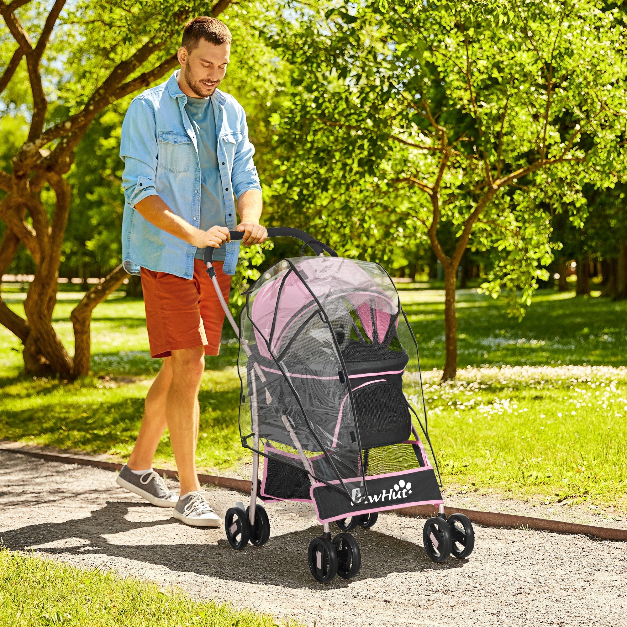 PawHut Detachable Pet Stroller with Rain Cover, 3 In 1 Cat Dog Pushchair, Foldable Carrying Bag w/ Universal Wheels, Brake, Canopy, Basket, Storage Bag for Small and Tiny Dogs - Pink - North Peak Garden Furniture