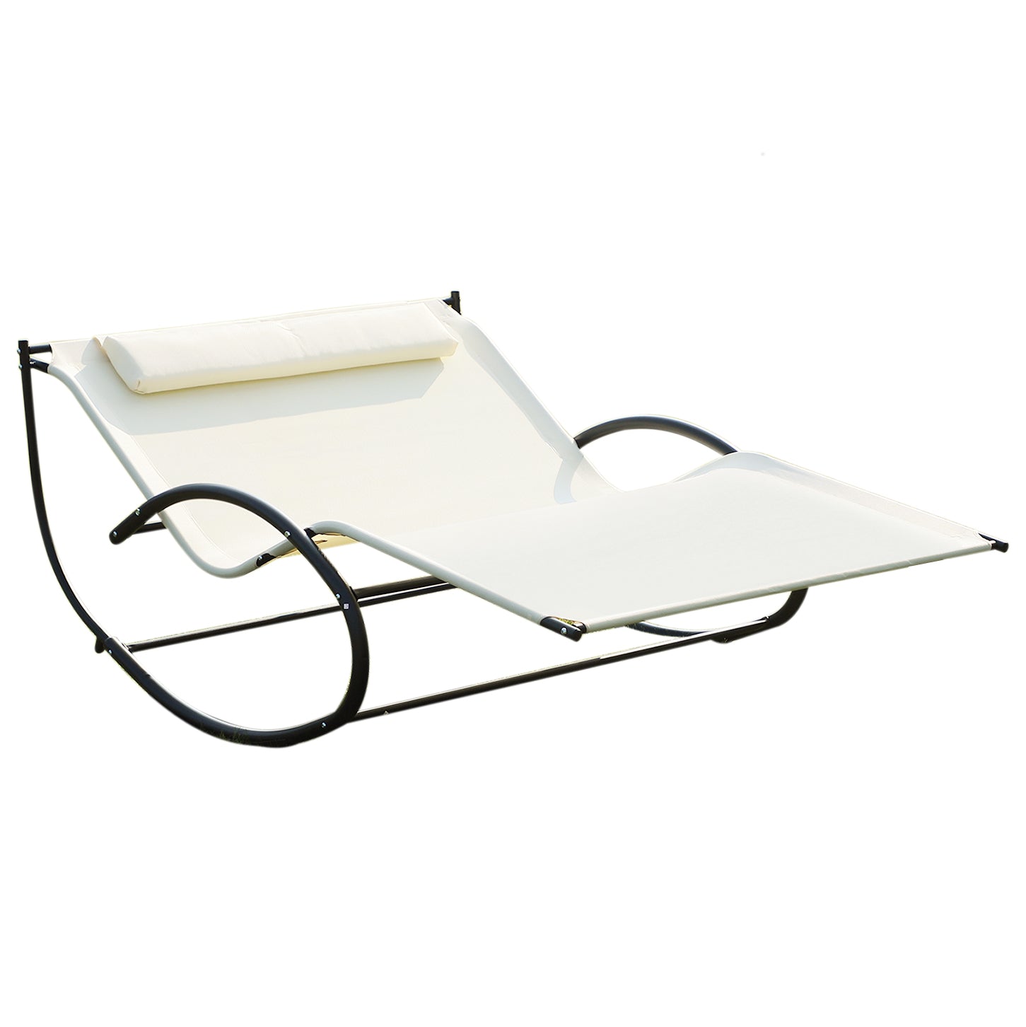 Outsunny Double Sun Lounger, Rocking Lounger Sunbed Daybed with Armrest and Headrest Pillow, for Two, For Outdoor Patio Garden, Cream White - North Peak Garden Furniture