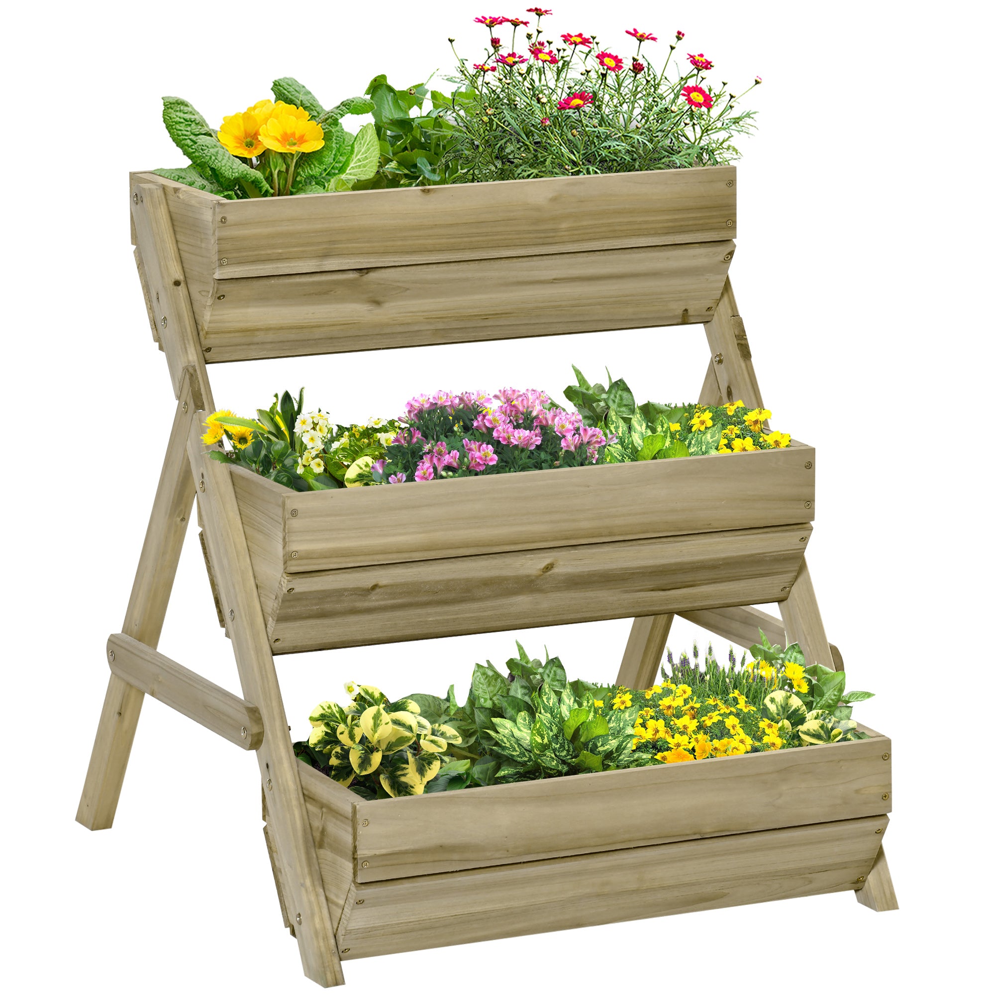 Outsunny 3 Tier Raised Garden Bed Wooden Elevated Planter Box Kit, 66L for Flower, Vegetable, Herb, 65x75x78cm, Green - North Peak Garden Furniture
