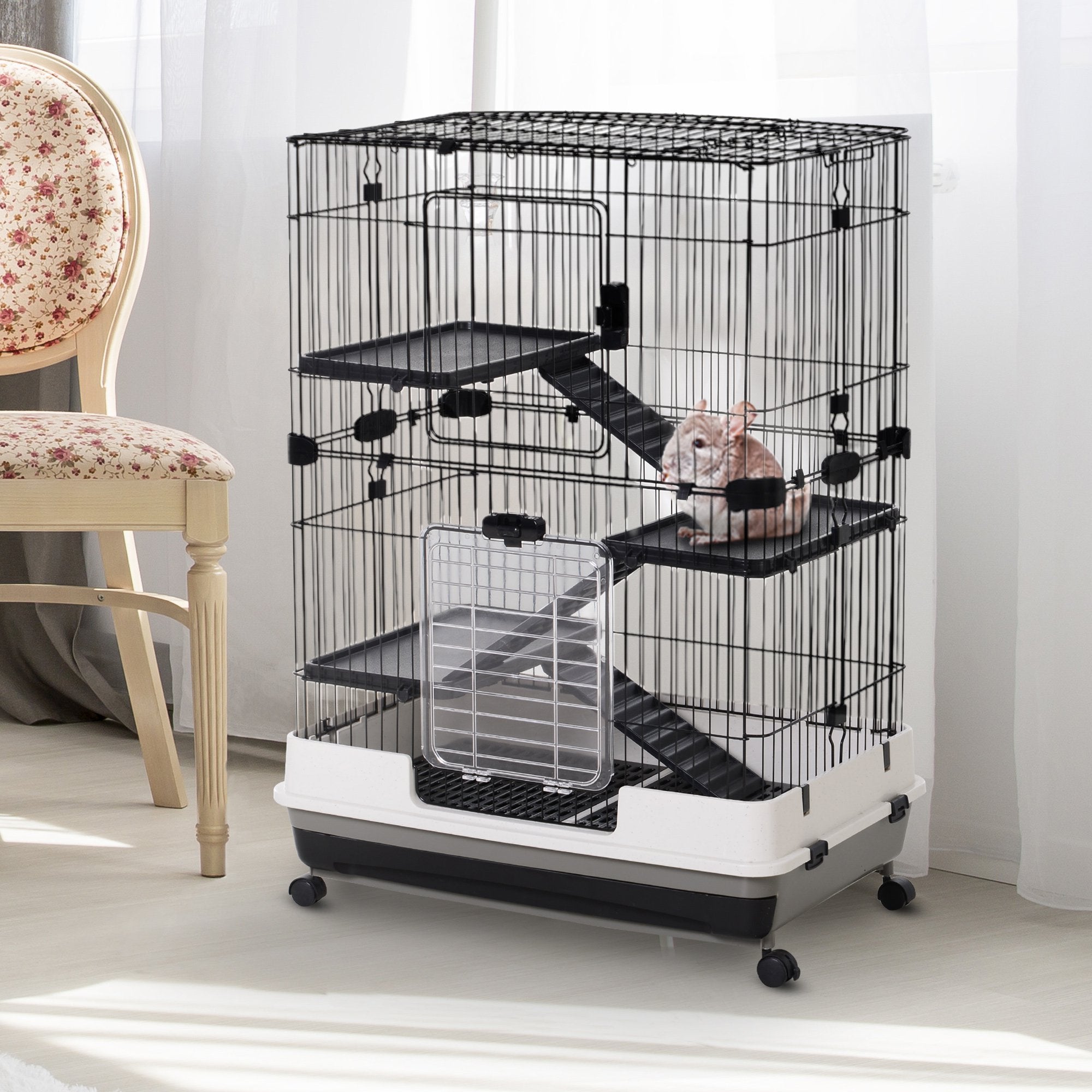 PawHut Metal Wire 3-Tier Small Guinea Pigs Hutches Rabbits Hutches Black/White - North Peak Garden Furniture
