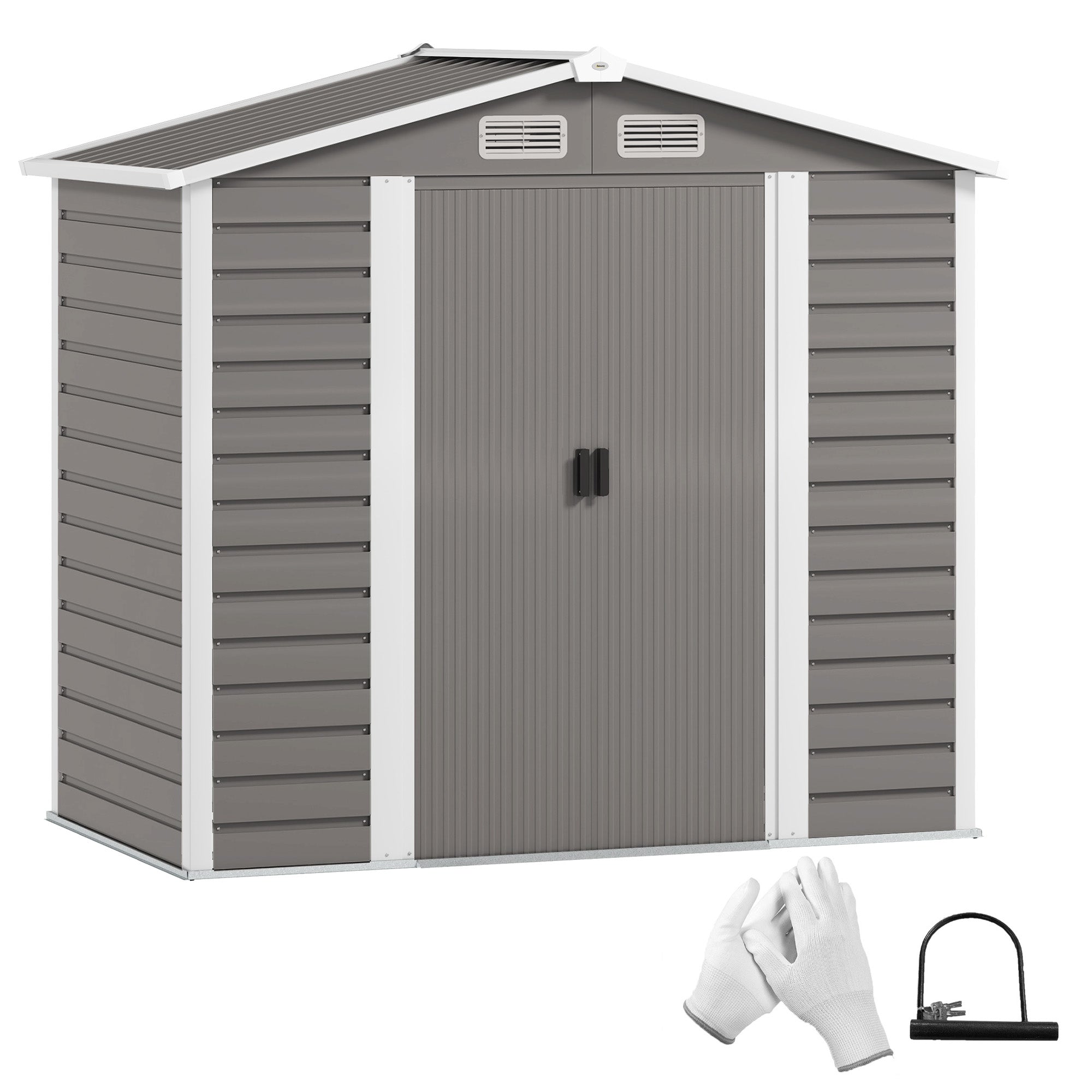 Outsunny 7 x 4ft Garden Shed, Easy to Assemble, Upgraded Galvanised Steel Frame with Foundation Kit, Double Doors with Lock, Outdoor Metal Shed with Vents and Gloves, Garden Storage Shed, Light Grey - North Peak Garden Furniture