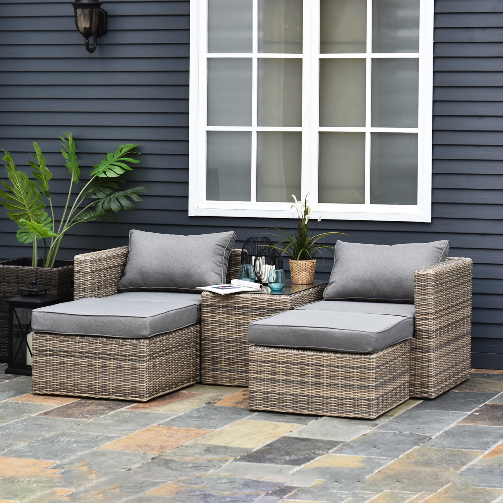 Outsunny 5 Piece Rattan Garden Furniture Set w/ 10cm Thick Cushions, Aluminium Frame Wicker Outdoor Balcony Sofa Set with Corner Armchairs, Ottomans, and Glass Top Table, Mixed Brown - North Peak Garden Furniture