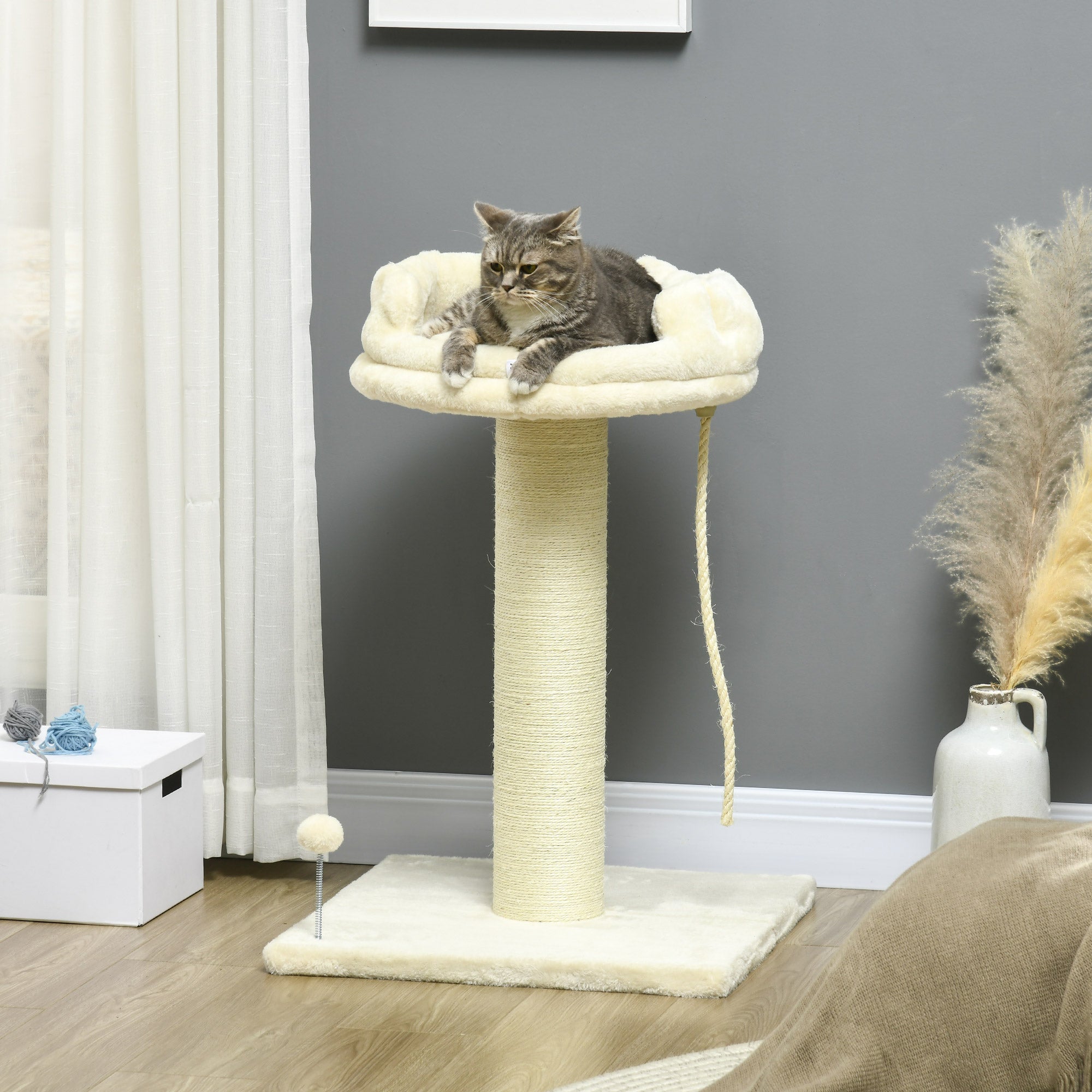PawHut Cat Tree, with Sisal Wrapped Scratching Post - Cream - North Peak Garden Furniture