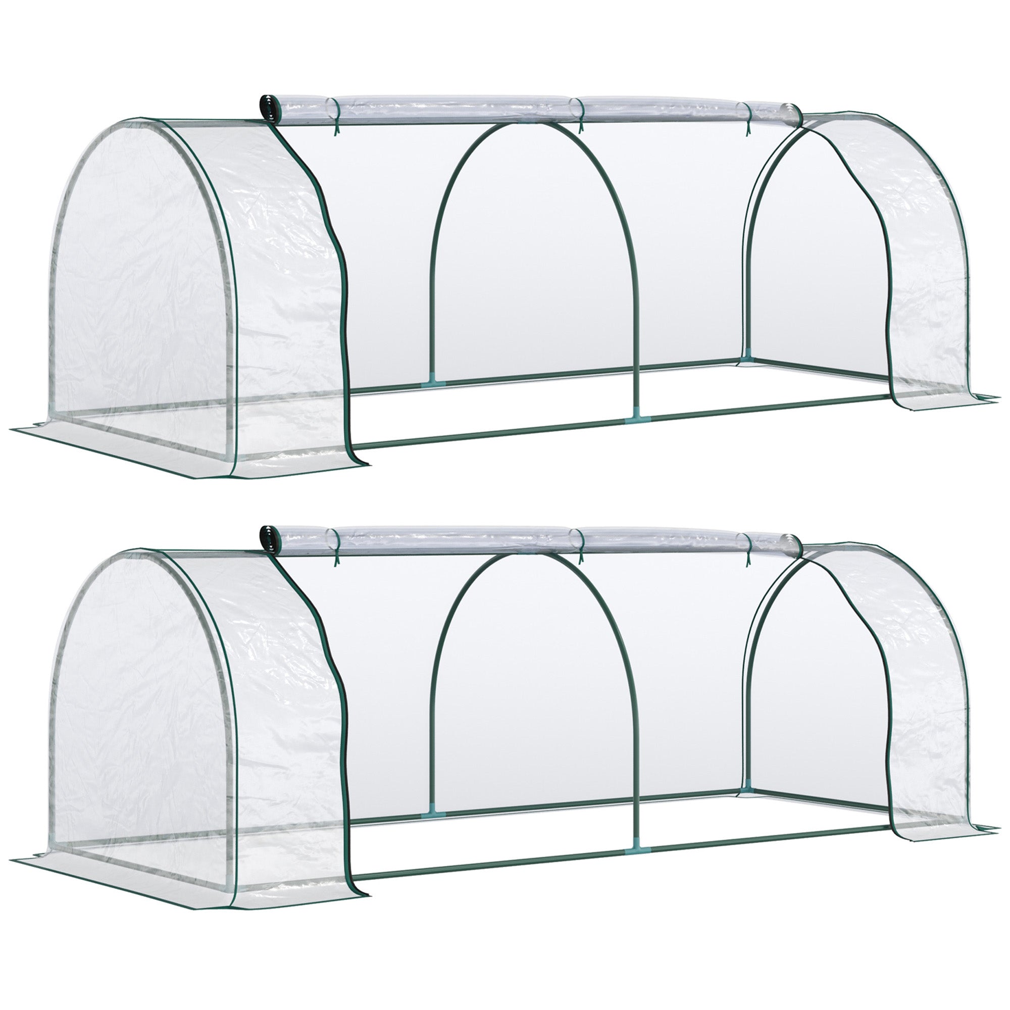 Outsunny Set of 2 Tunnel Greenhouse, Green Grow House with Roll-up Door, Steel Frame, Plastic Cover for Garden, Outdoor, 250 x 100 x 80cm, Clear - North Peak Garden Furniture