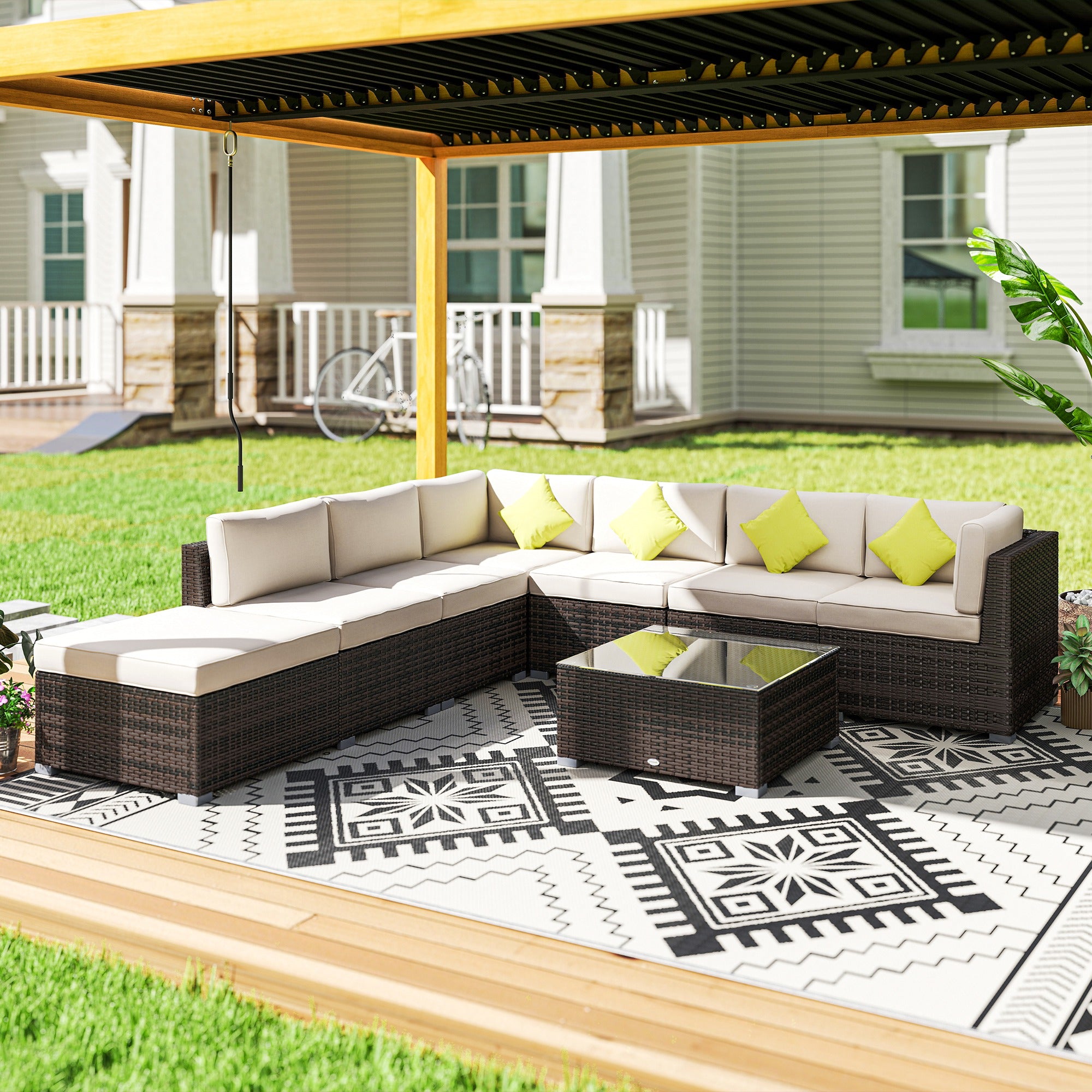 Outsunny 8 Pieces PE Rattan Corner Sofa Set with Thick Cushions, Aluminium Outdoor Rattan Garden Furniture Set with Glass Top Table, No Assembly Required, Mixed Brown - North Peak Garden Furniture