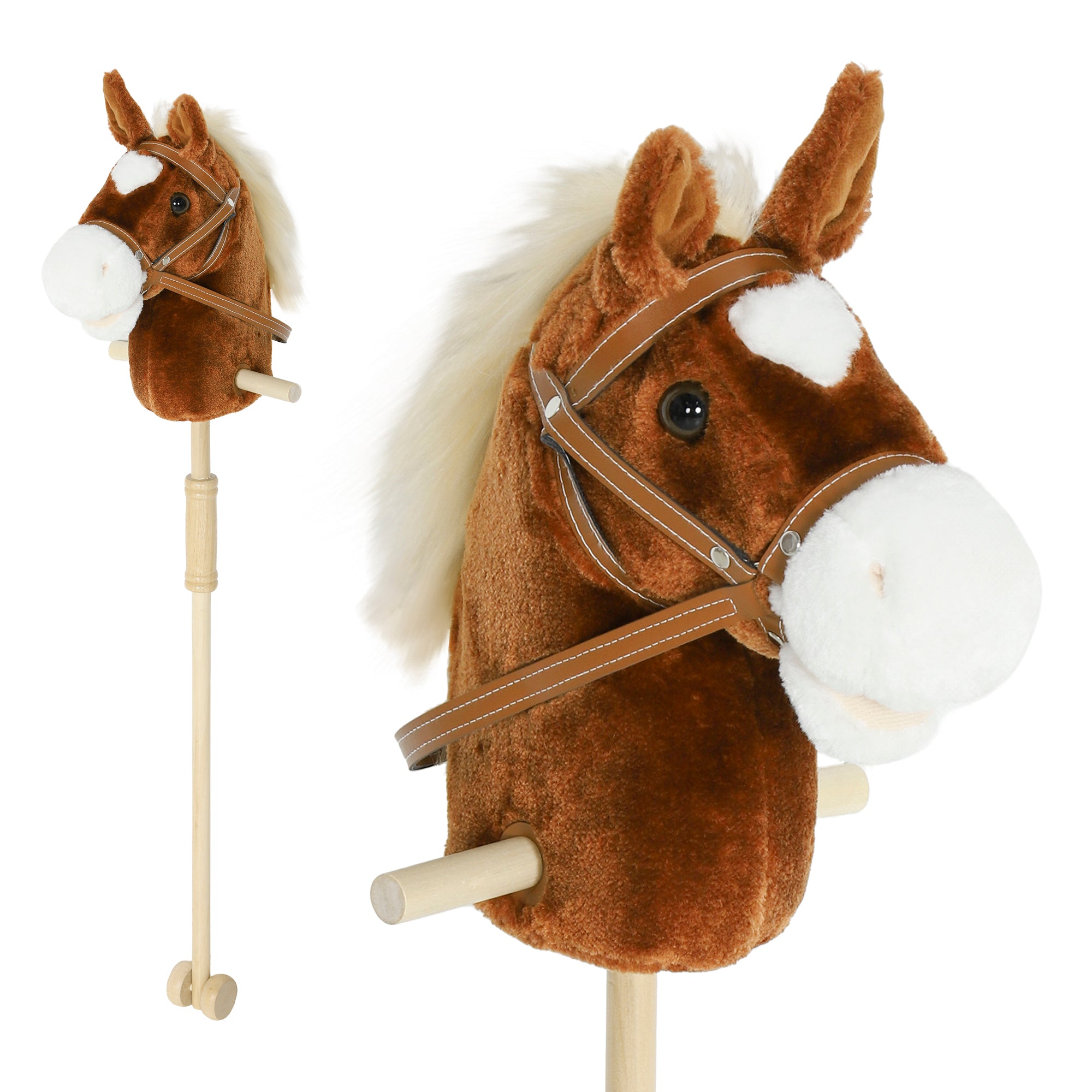 AIYAPLAY Stick Horse with Wood Wheels, Real Pony Neighing and Galloping Sounds, Grip Handle, 95 cm, Brown