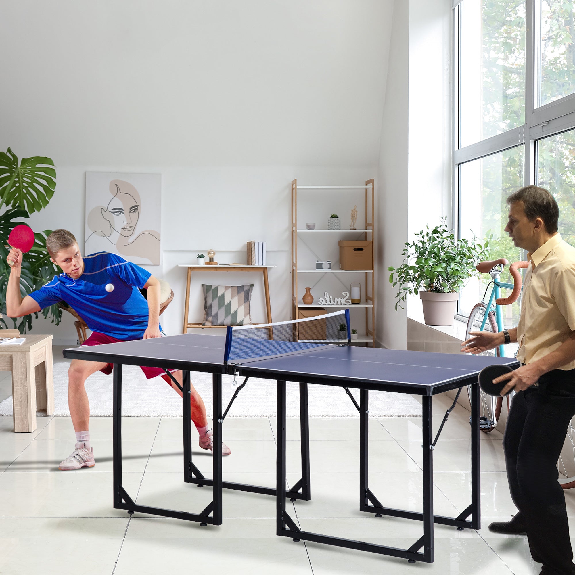 HOMCOM 6ft 182cm Mini Table Tennis Table Folding Ping Pong Table with Net Multi-Use Table for Indoor Outdoor Game, Blue - North Peak Garden Furniture