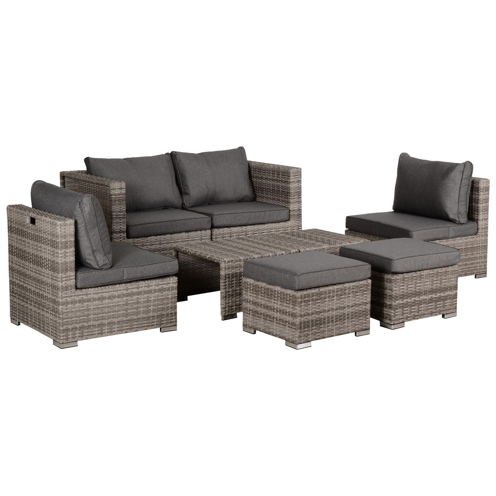 Outsunny 8 Pieces PE Rattan Sofa Set with Cushions, Garden Corner Sofa with 4 Seater Sofa, 2 Footstools and 2 Coffee Table Set, Space-saving Design, No Assembly Required, Grey - North Peak Garden Furniture