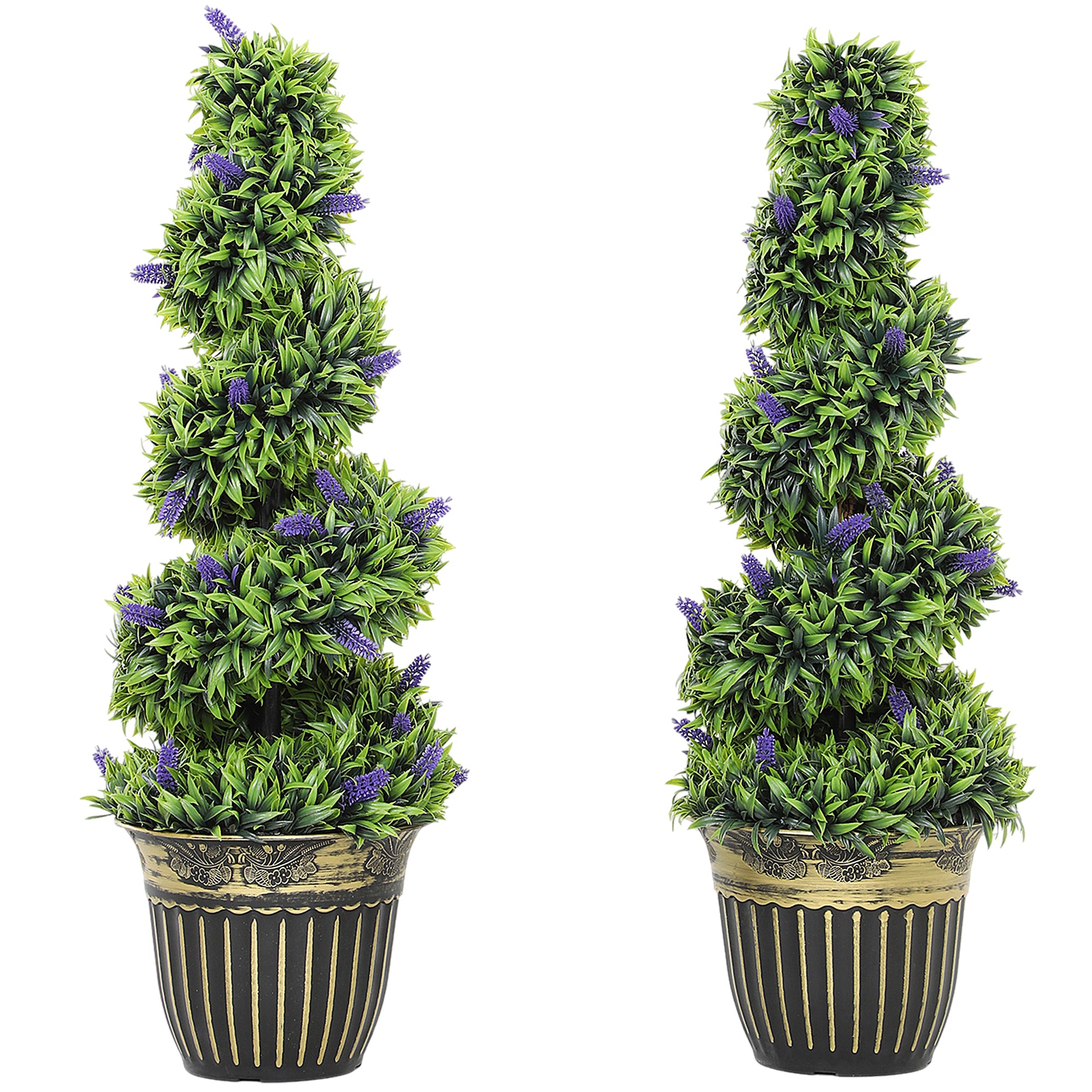 HOMCOM Set of 2 Decorative Artificial Plants, Boxwood Spiral Topiary Tree with Lavender and Pot, Fake Plants for Home Indoor Outdoor Decor, 90cm - North Peak Garden Furniture