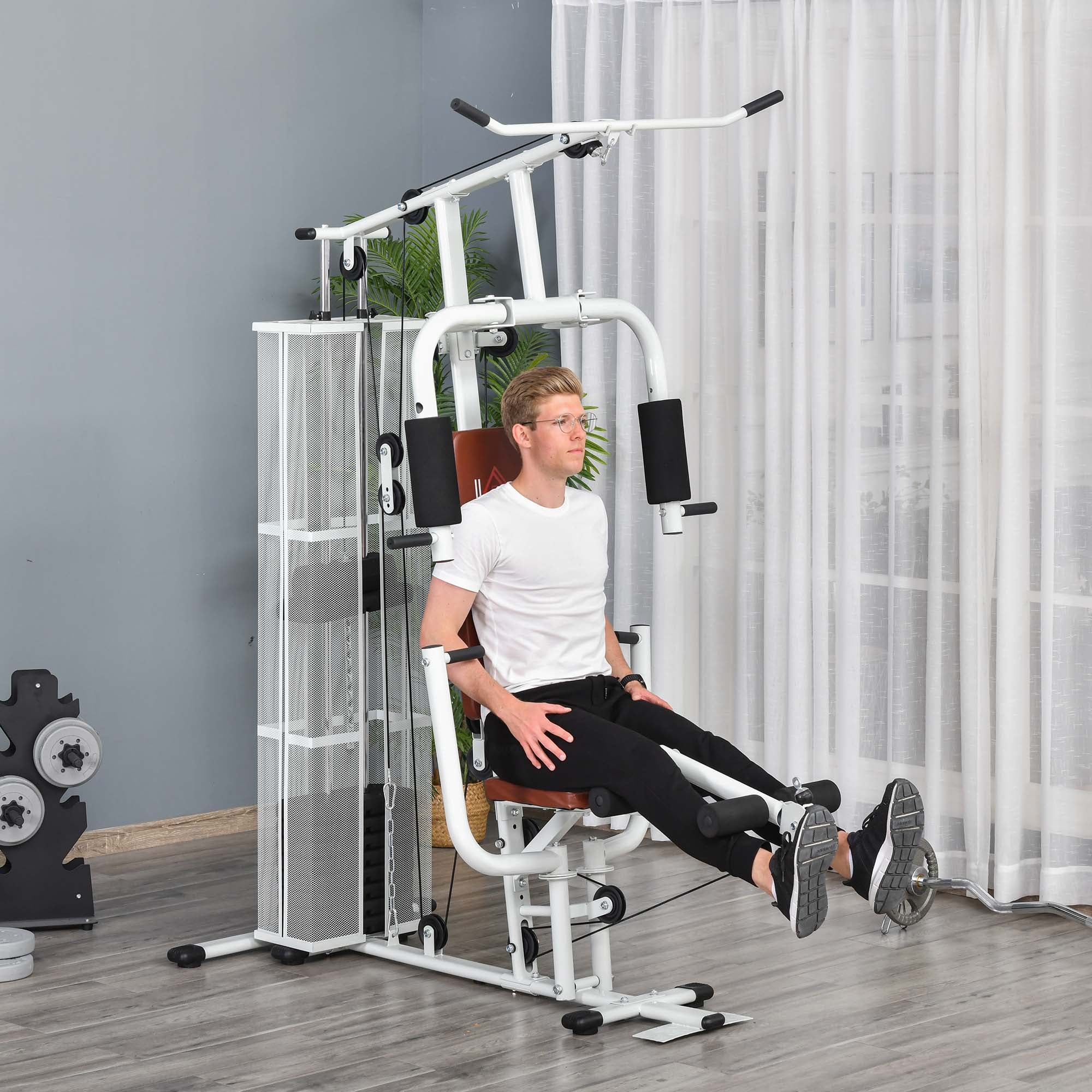 HOMCOM Multifunction Home Gym Weight Training Workout Station Fitness Strength Machine, White - North Peak Garden Furniture