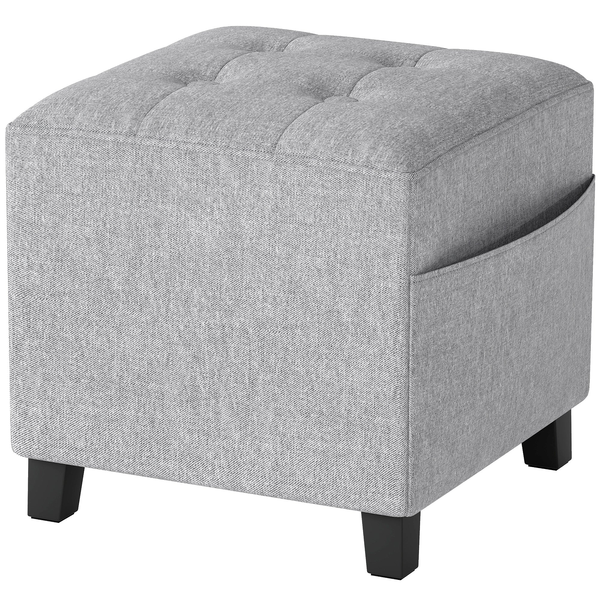 HOMCOM Square Footstool, Small Ottoman with Side Pocket, Linen Fabric Footrest Foot Stool with Rubber Wood Legs and Padded Seat for Living Room, Bedroom, Entryway, 35 x 35 x 35cm, Light Grey