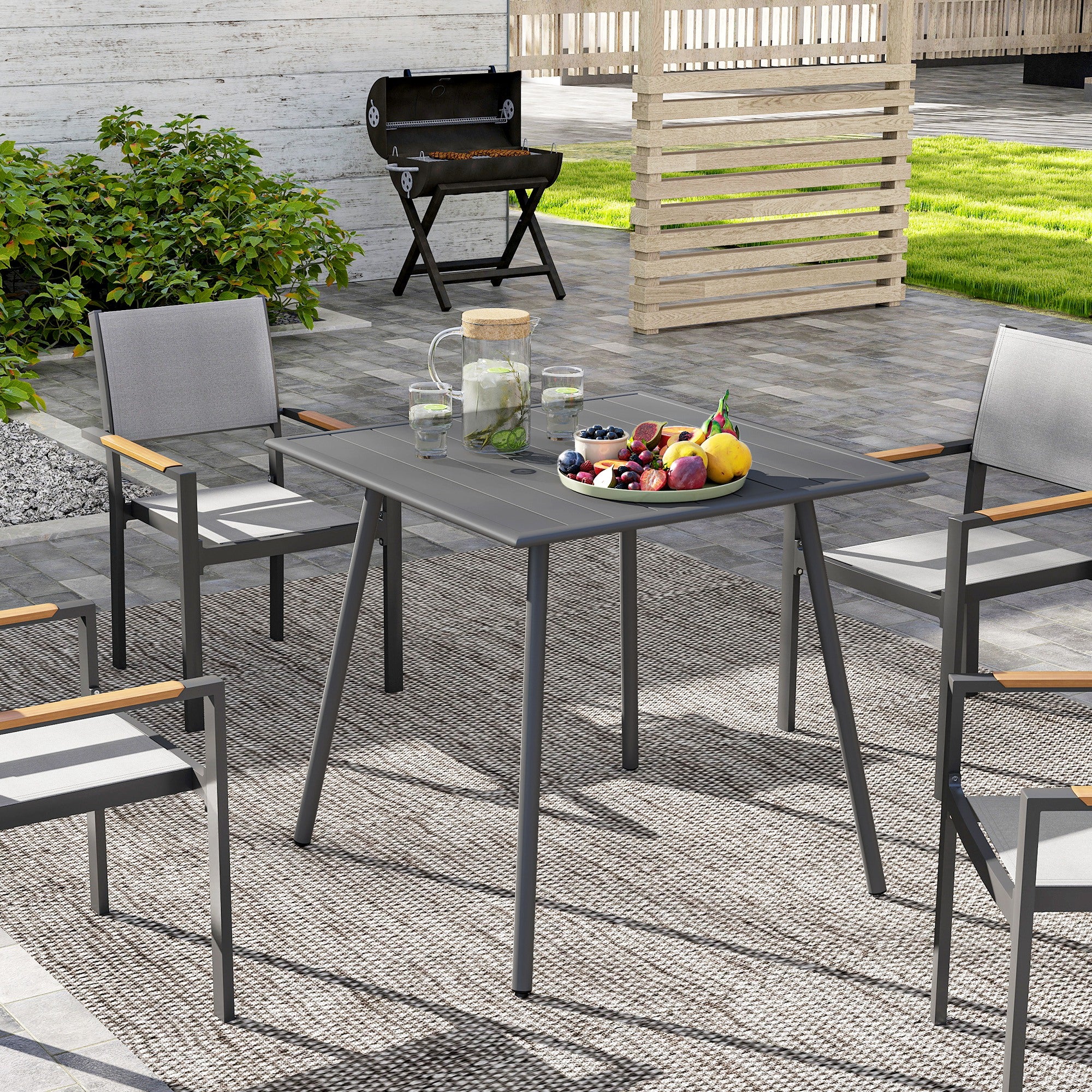 Outsunny Square Garden Table with Slat Top, Steel Frame, Outdoor Table for 4 Person, 80 x 80 x 74 cm, Grey - North Peak Garden Furniture