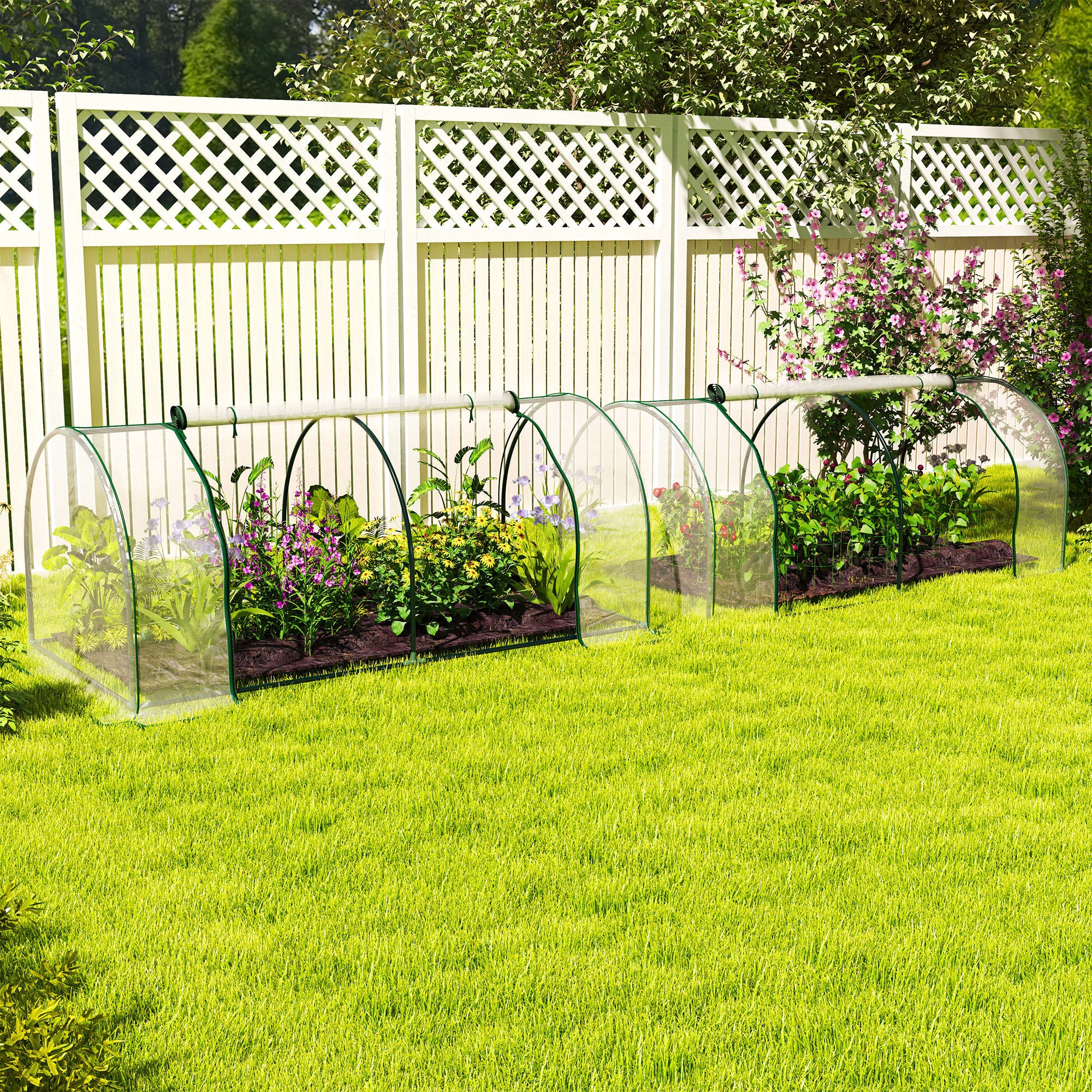 Outsunny Set of 2 Tunnel Greenhouse, Green Grow House with Roll-up Door, Steel Frame, Plastic Cover for Garden, Outdoor, 200 x 100 x 80cm, Clear - North Peak Garden Furniture