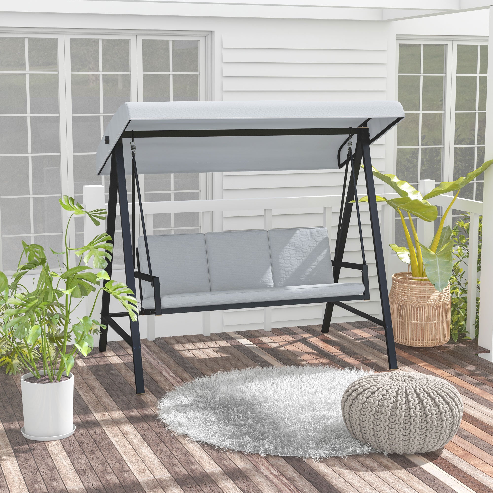 Outsunny Three-Seat Garden Swing Chair, with Adjustable Canopy - Grey - North Peak Garden Furniture