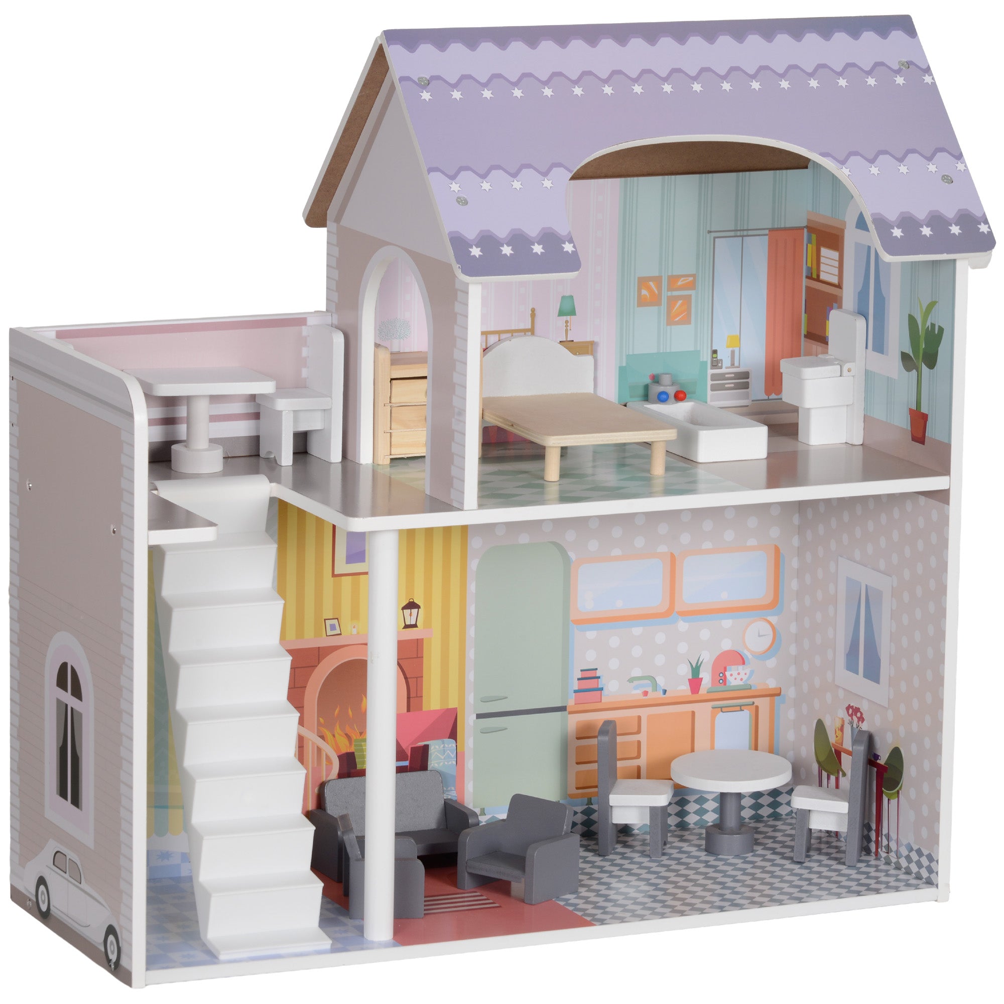 AIYAPLAY 2 Storey Dolls House with 13 Pieces Furniture, Play Set with Balcony, Gift for 3-6 Years Old - North Peak Garden Furniture