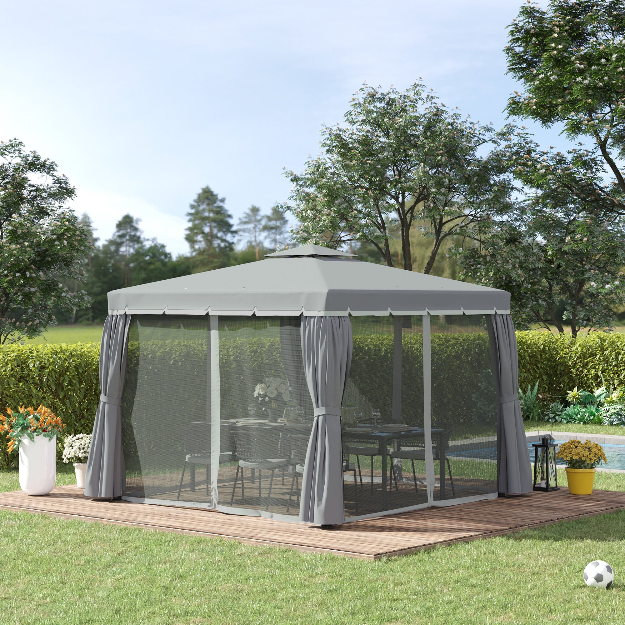 Outsunny 3 x 3(m) Patio Gazebo Canopy Garden Pavilion Tent Shelter Marquee with 2 Tier Water Repellent Roof, Mosquito Netting and Curtains, Aluminium Frame, Dark Grey - North Peak Garden Furniture