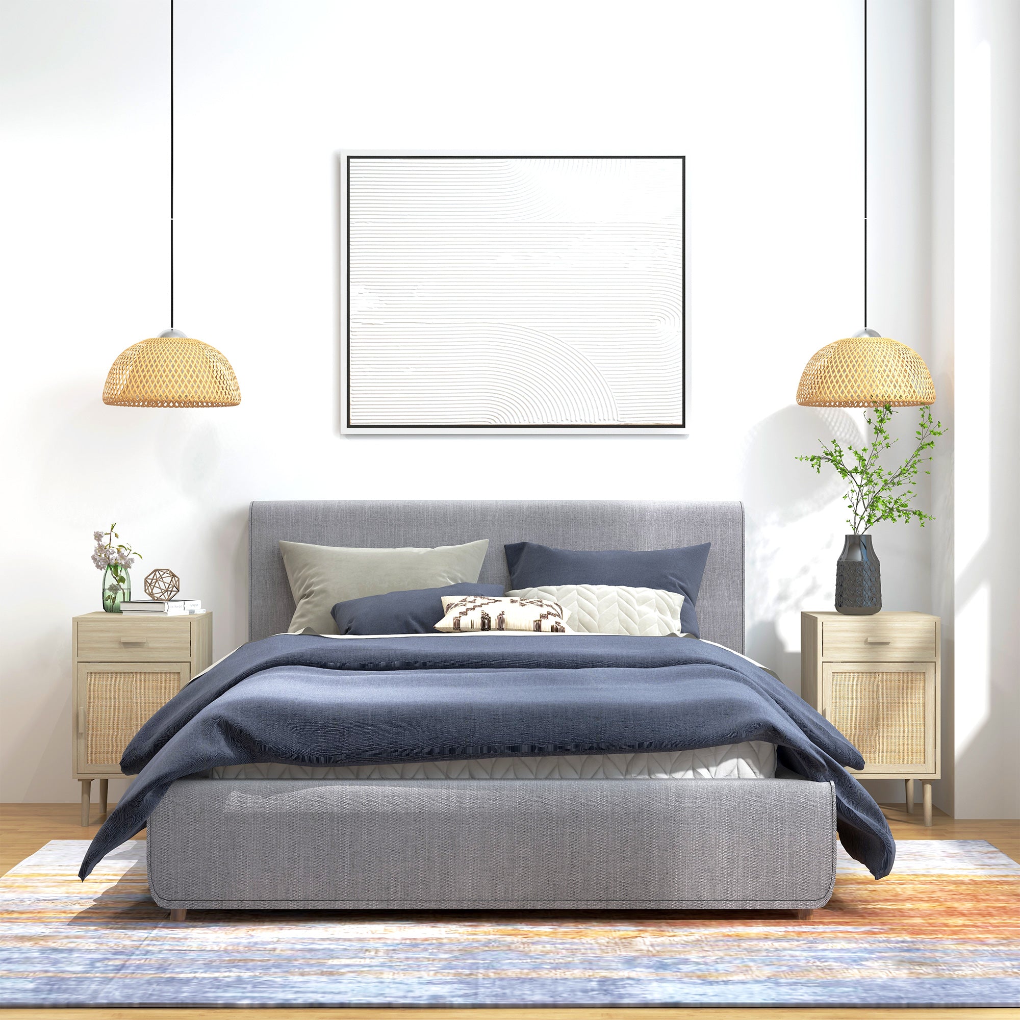 HOMCOM Bedside Table Set of 2, Rattan Side Tables with Drawer, Cabinet and Adjustable Shelf, Boho Bedside Cabinet with Storage for Bedroom, Living Room, Natural Wood Effect - North Peak Garden Furniture