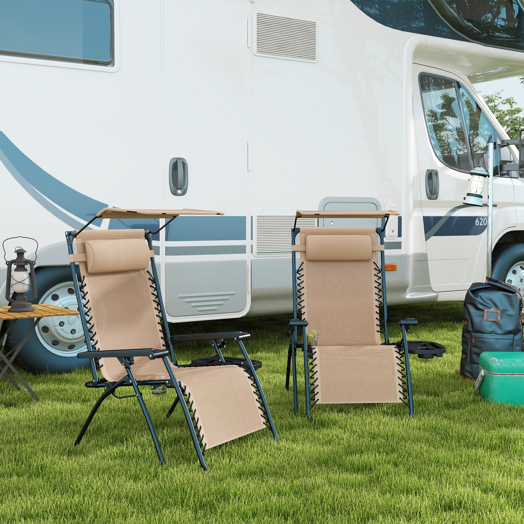 Outsunny 2 Piece Foldable Reclining Garden Chair with Headrest, Zero Gravity Deck Sun Lounger Seat Chair with Footrest, Armrest, Cup Holder & Canopy Shade, Beige - North Peak Garden Furniture