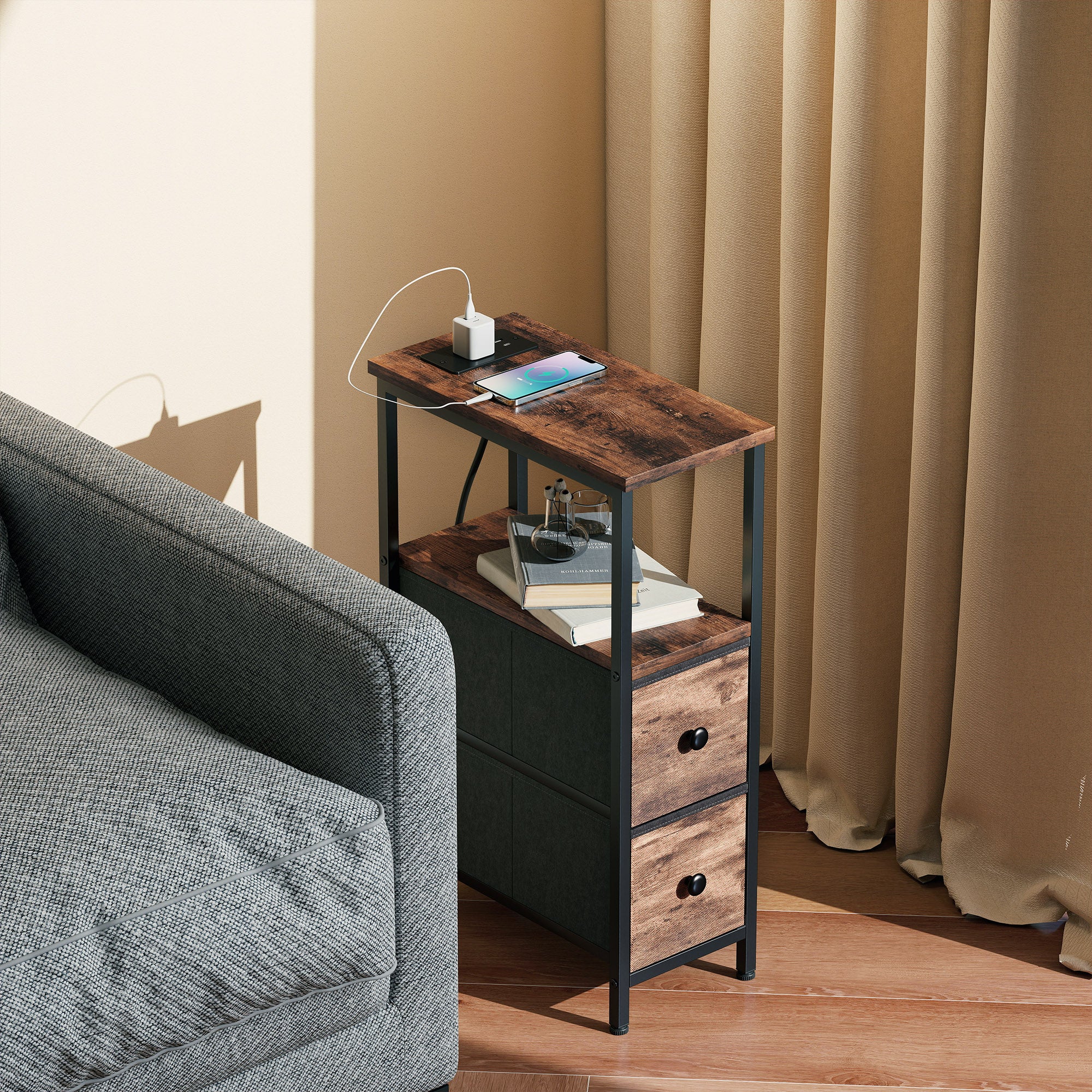 HOMCOM Side Table, Narrow Bedside Table with Charging Station, 2 Drawers, AC Outlet and 2 USB Ports for Living Room, Bedroom