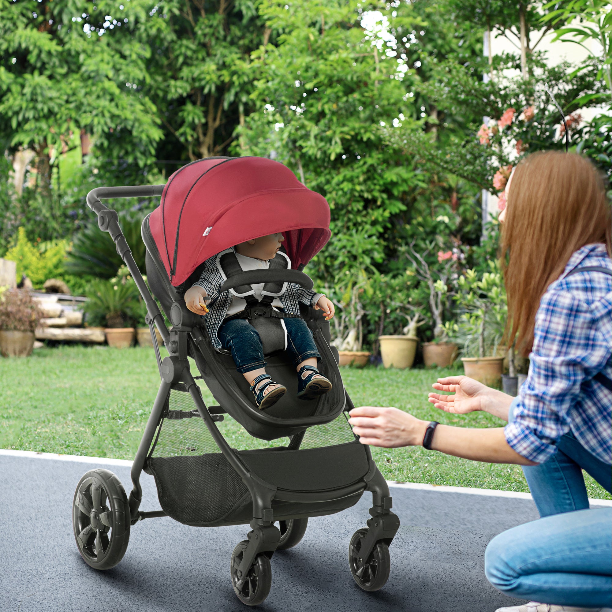 HOMCOM Foldable Baby Stoller, with Reclining Backrest, Adjustable Canopy, for Ages 0-36 Months - Red - North Peak Garden Furniture