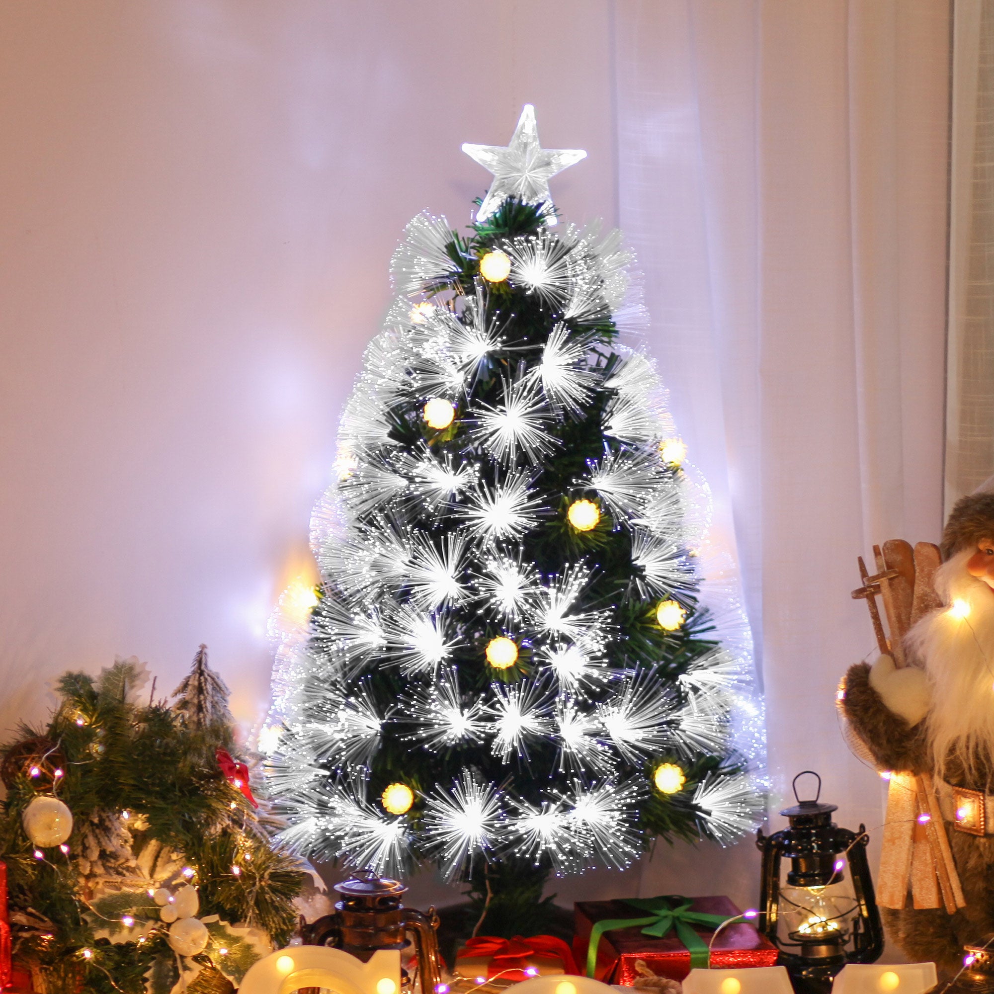 HOMCOM 3ft White Light Artificial Christmas Tree w/ 90 LEDs Star Topper Tri-Base Full Bodied Seasonal Decoration Pre-Lit Home - North Peak Garden Furniture