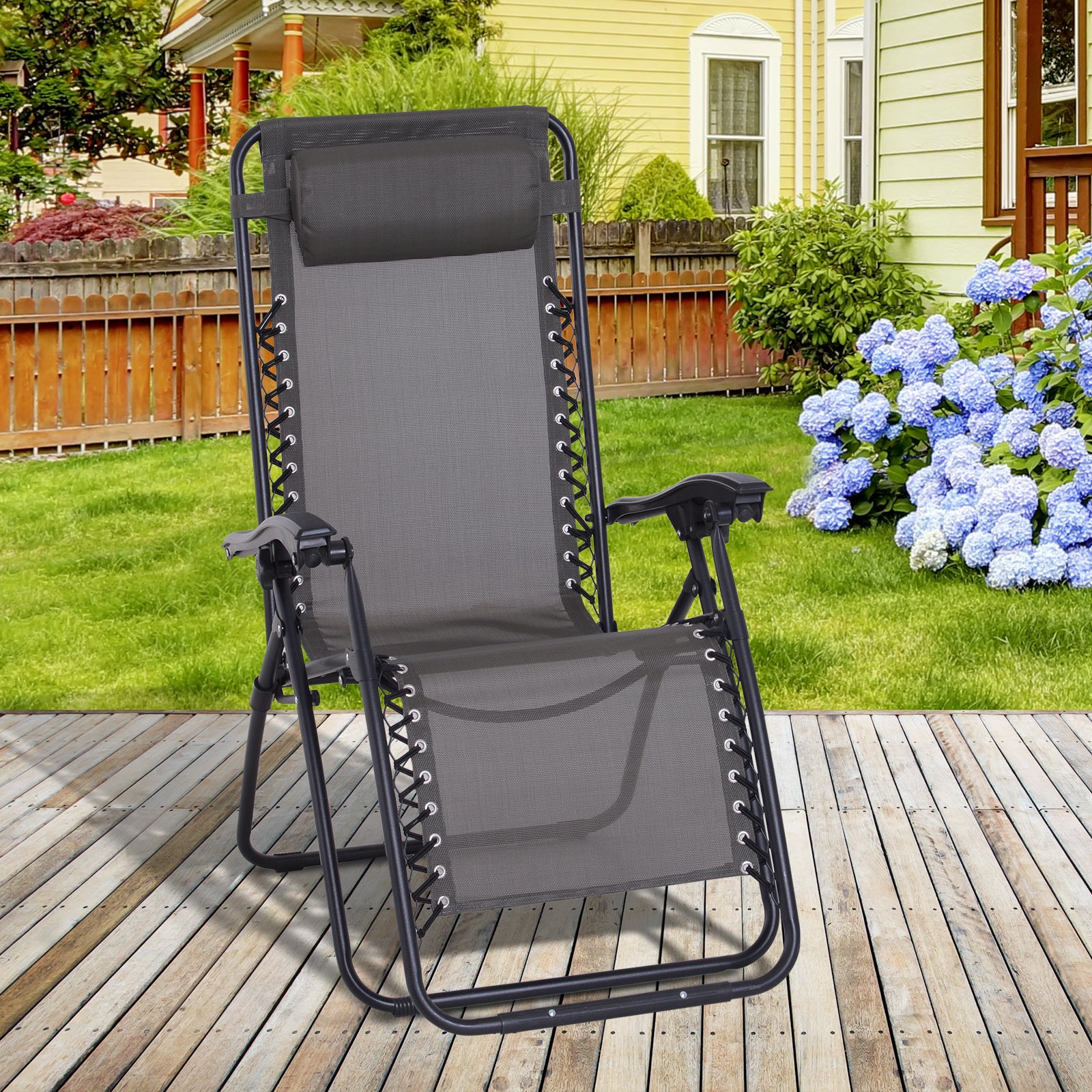 Outsunny Zero Gravity Chair Metal Frame Texteline Armchair Outdoor Folding and Reclining Sun Lounger with Head Pillow for Patio Decking Gardens Camping, Grey - North Peak Garden Furniture