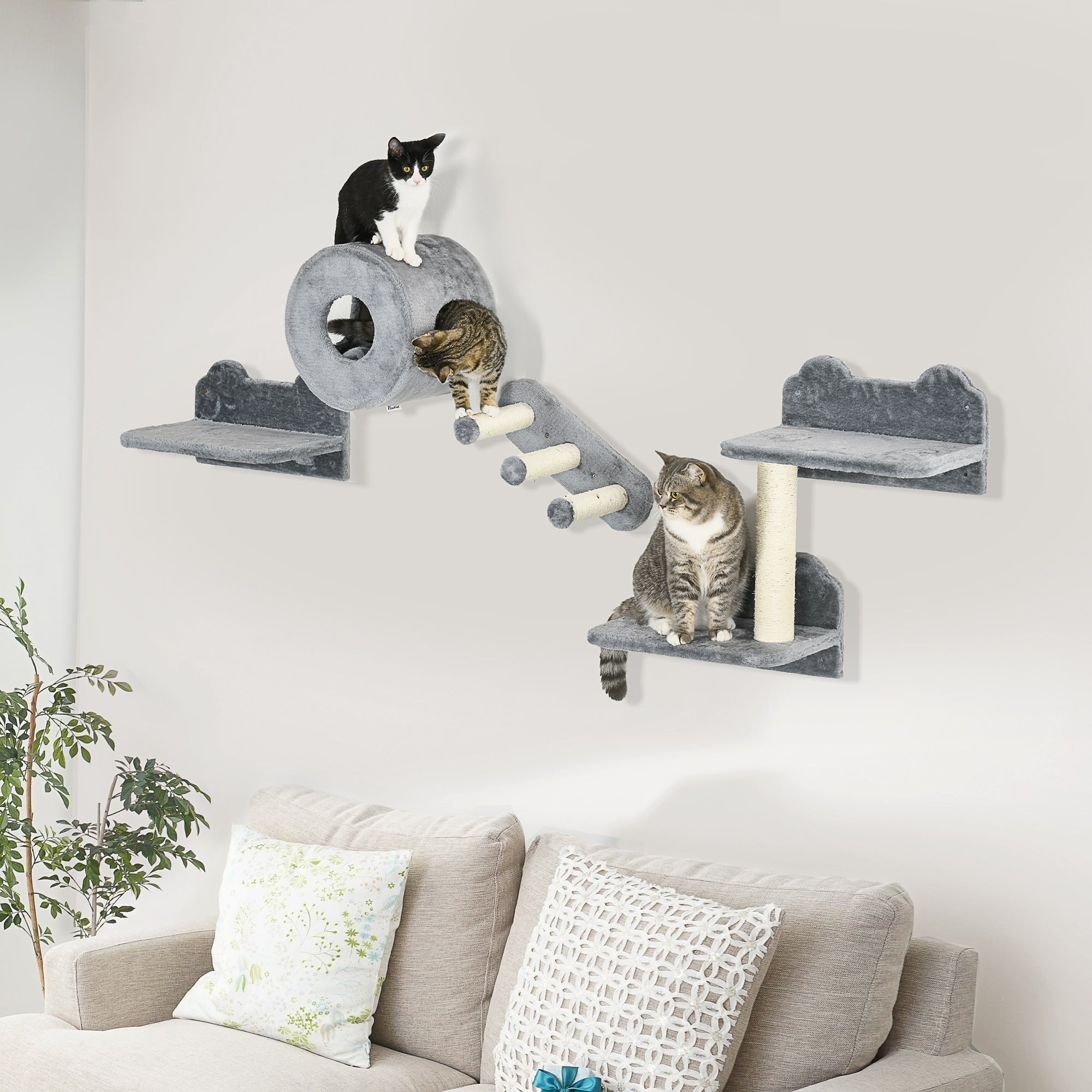 PawHut 4PCs Wall-Mounted Cat Tree, with Steps, Perch, Cat House - Grey - North Peak Garden Furniture