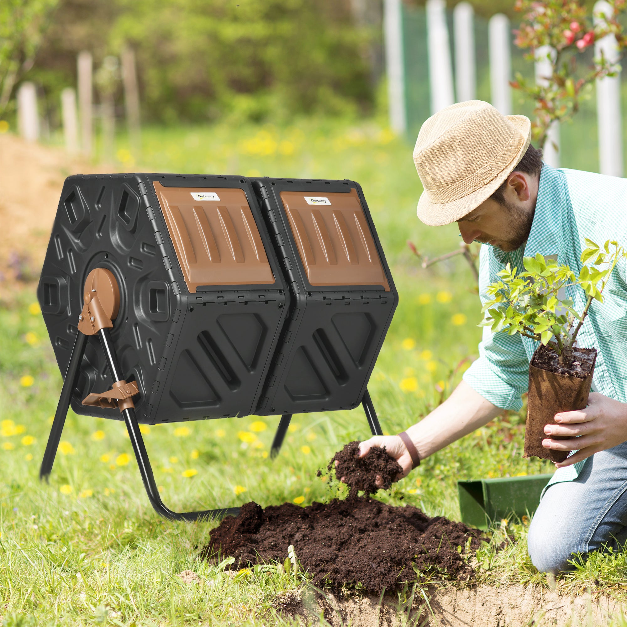 Outsunny 130L Double Chamber Composter - Black - North Peak Garden Furniture