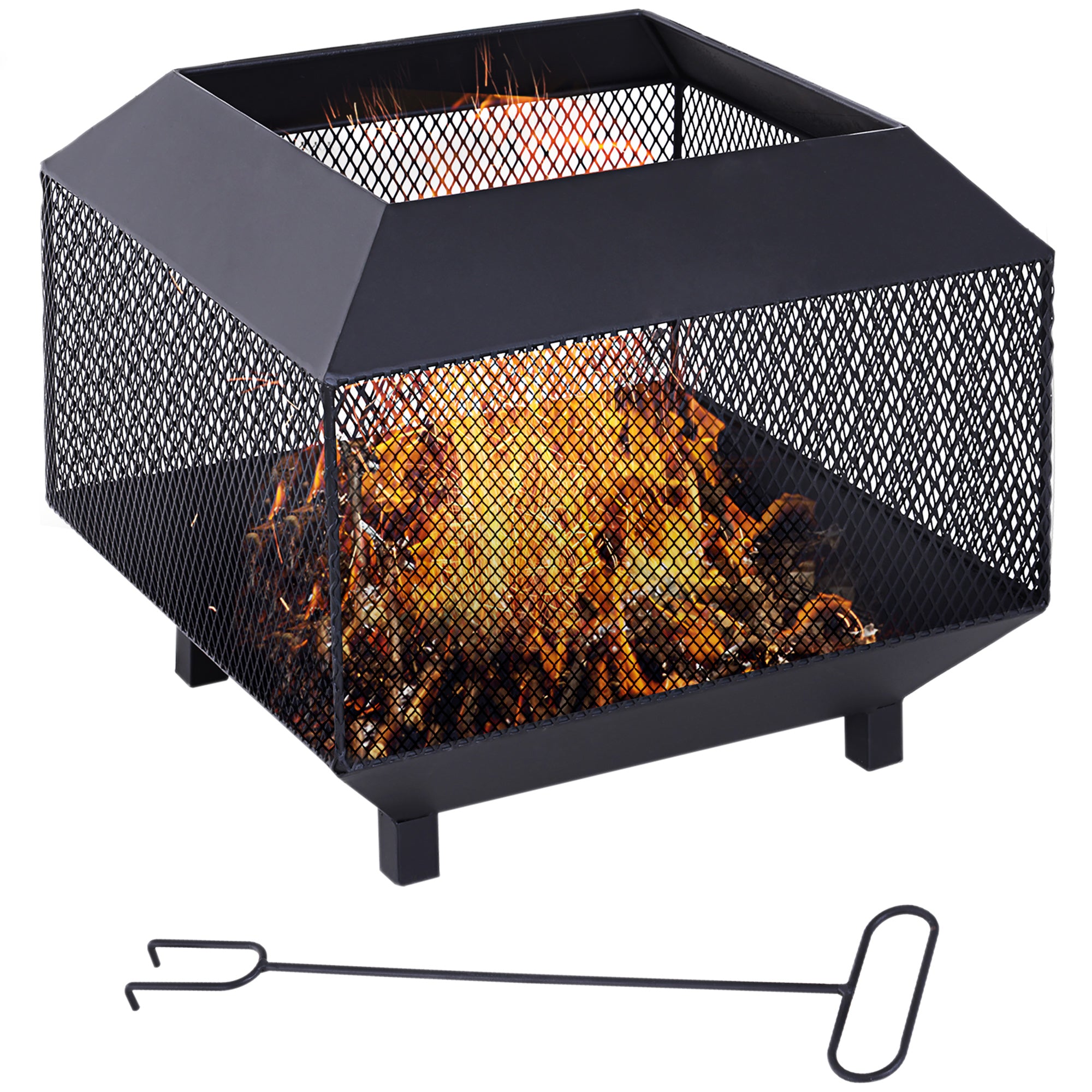 Outsunny Metal Square Fire Pit Outdoor Mesh Firepit Brazier w/ Lid, Log Grate, Poker for Backyard, Camping, Bonfire, Wood Burning Stove, 44 x 44 x 40cm, Black - North Peak Garden Furniture
