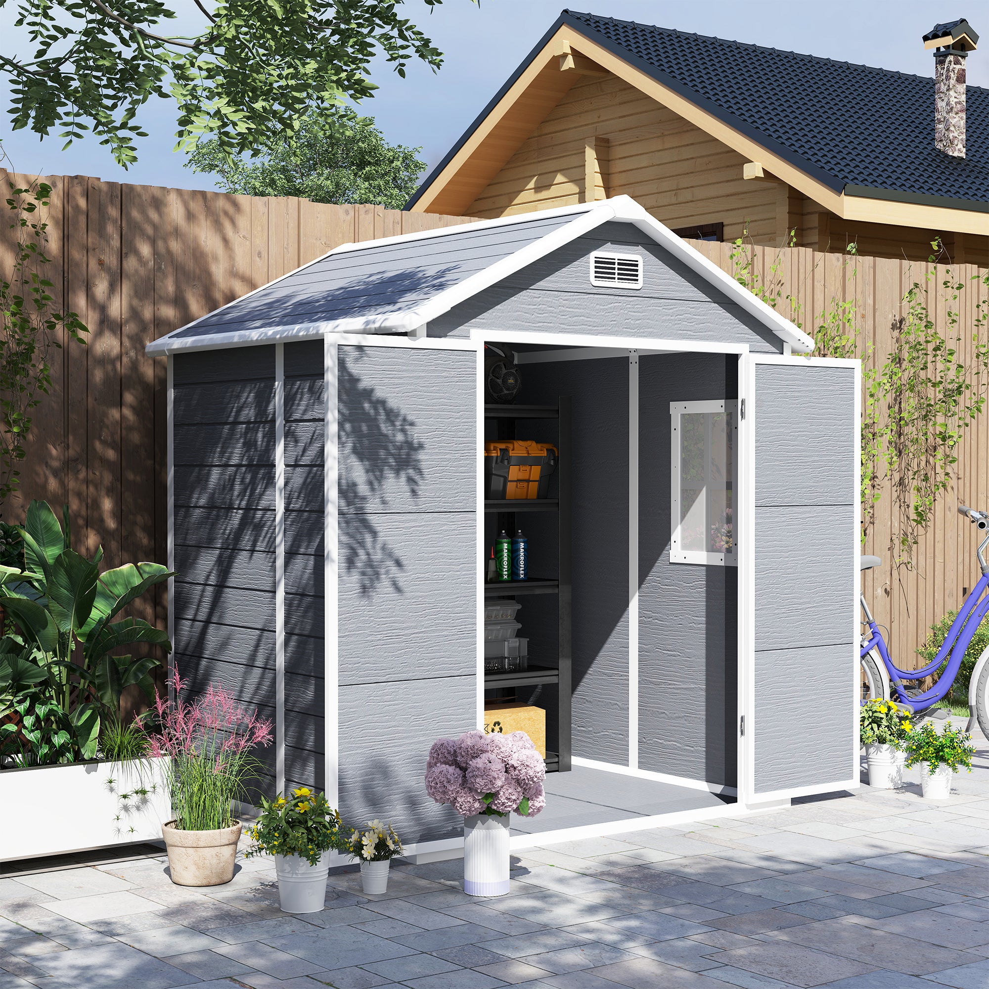 Outsunny 6 x 5ft Garden Shed, Plastic Shed with Floor, Window, Lockable Doors and Vents, Wood Effect Resin Tool Shed for Outdoor Patio, Dark Grey - North Peak Garden Furniture