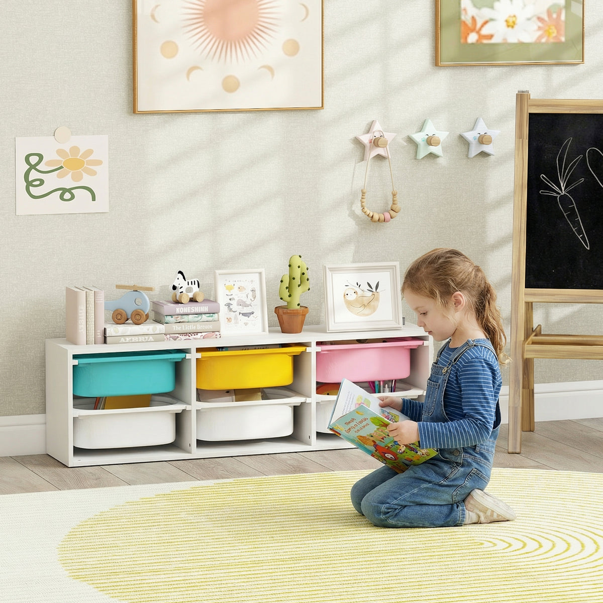AIYAPLAY Low Height 2 Tiers Storage Organiser, Kids Toy Storage Unit with 6 Removable Bins for Bedroom, Nursery, Playroom