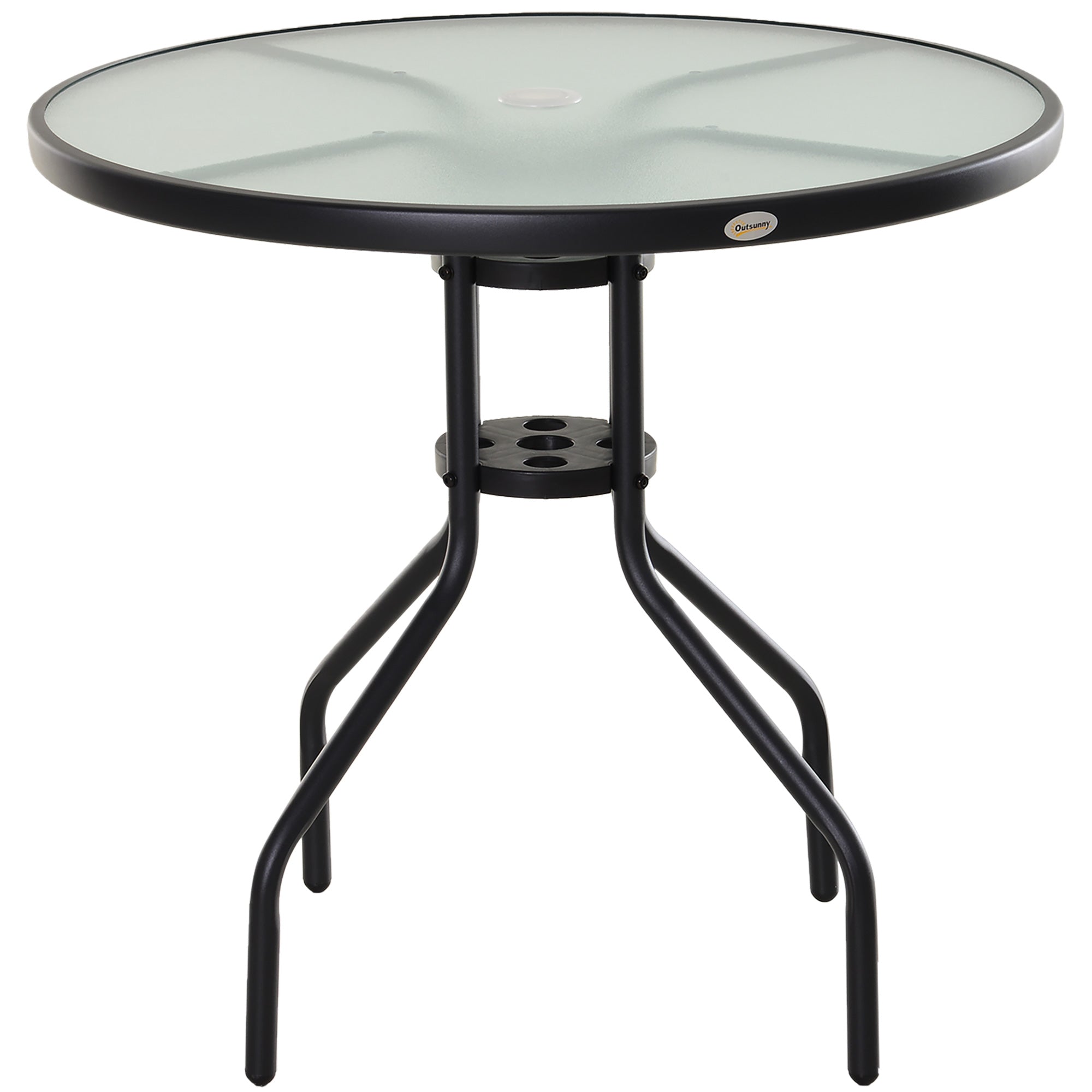 Outsunny Bistro Table Outdoor Round Dining Coffee Table with Parasol Hole, Tempered Glass Top Side Table Patio Garden - 80cm Diameter - North Peak Garden Furniture