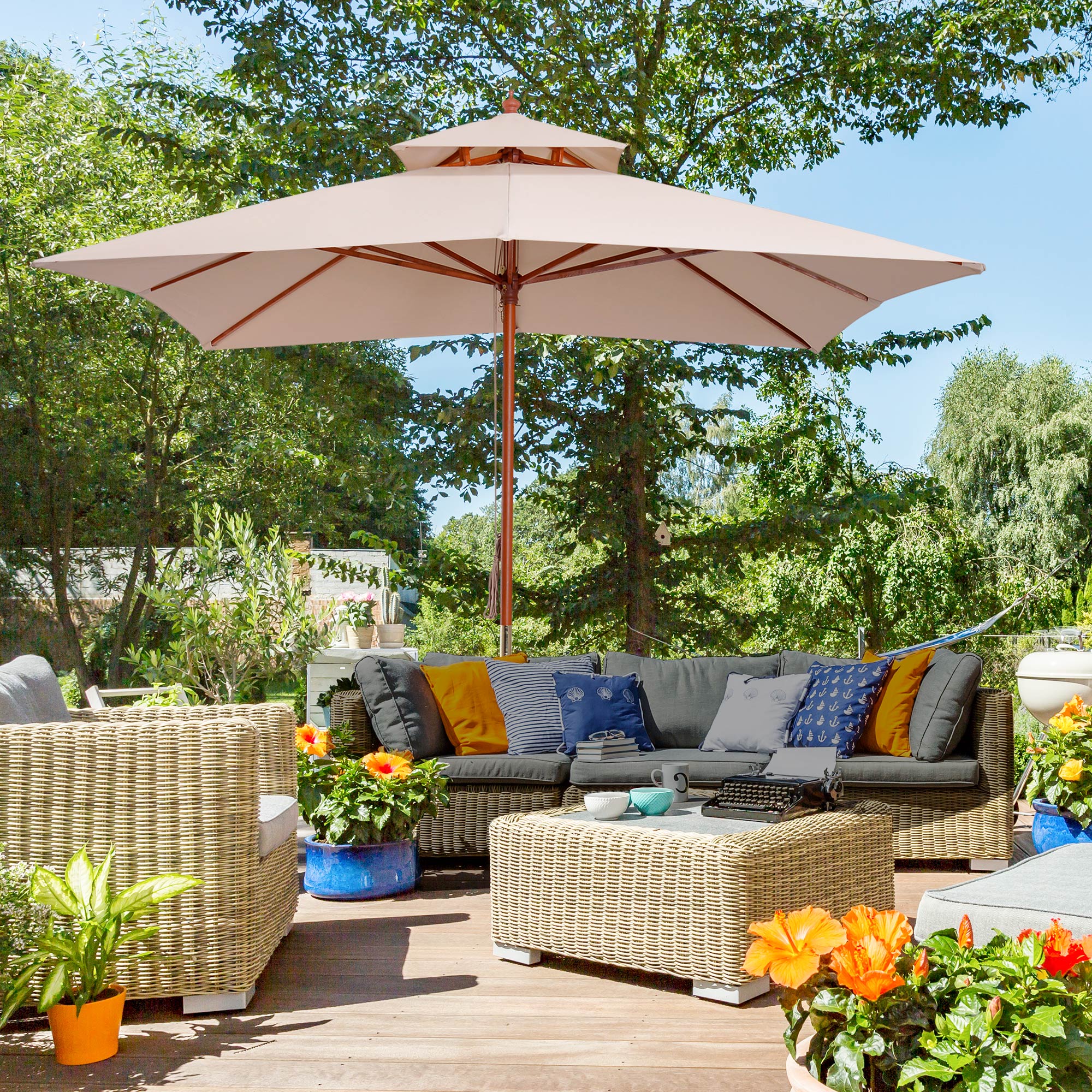 Outsunny 3 x 3 metre Patio Parasol Garden Umbrellas Sunshade Outdoor Wooden Parasol Canopy Double Tier, Beige, BASE NOT INCLUDED - North Peak Garden Furniture