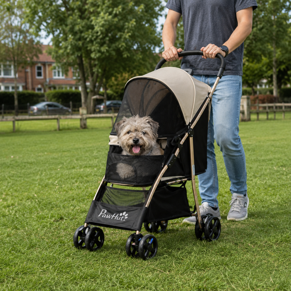 PawHut Pet Stroller for Small and Miniature Dogs, with Rain Cover - Khaki