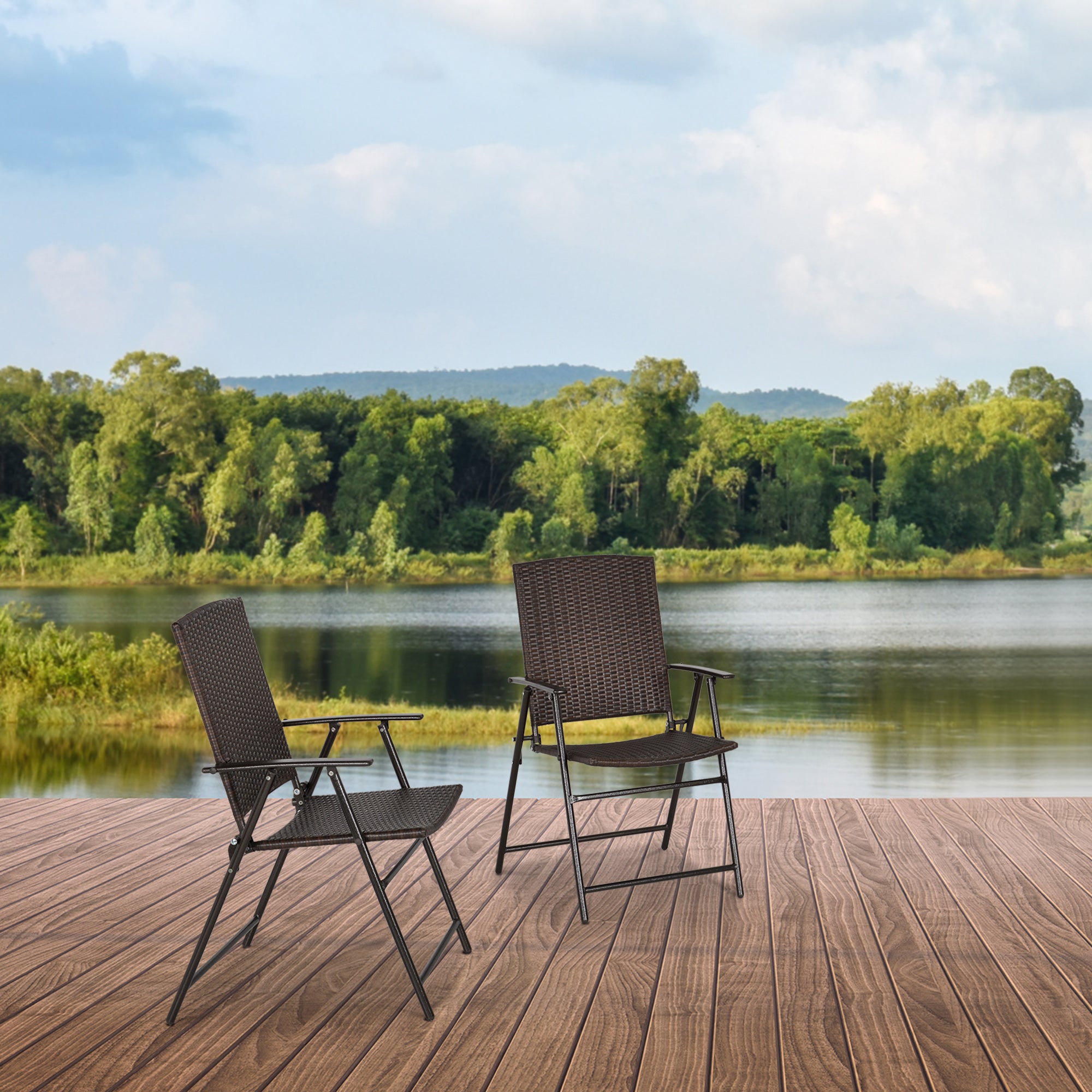 Outsunny Set of Two Folding Rattan Seat Chairs - Brown - North Peak Garden Furniture