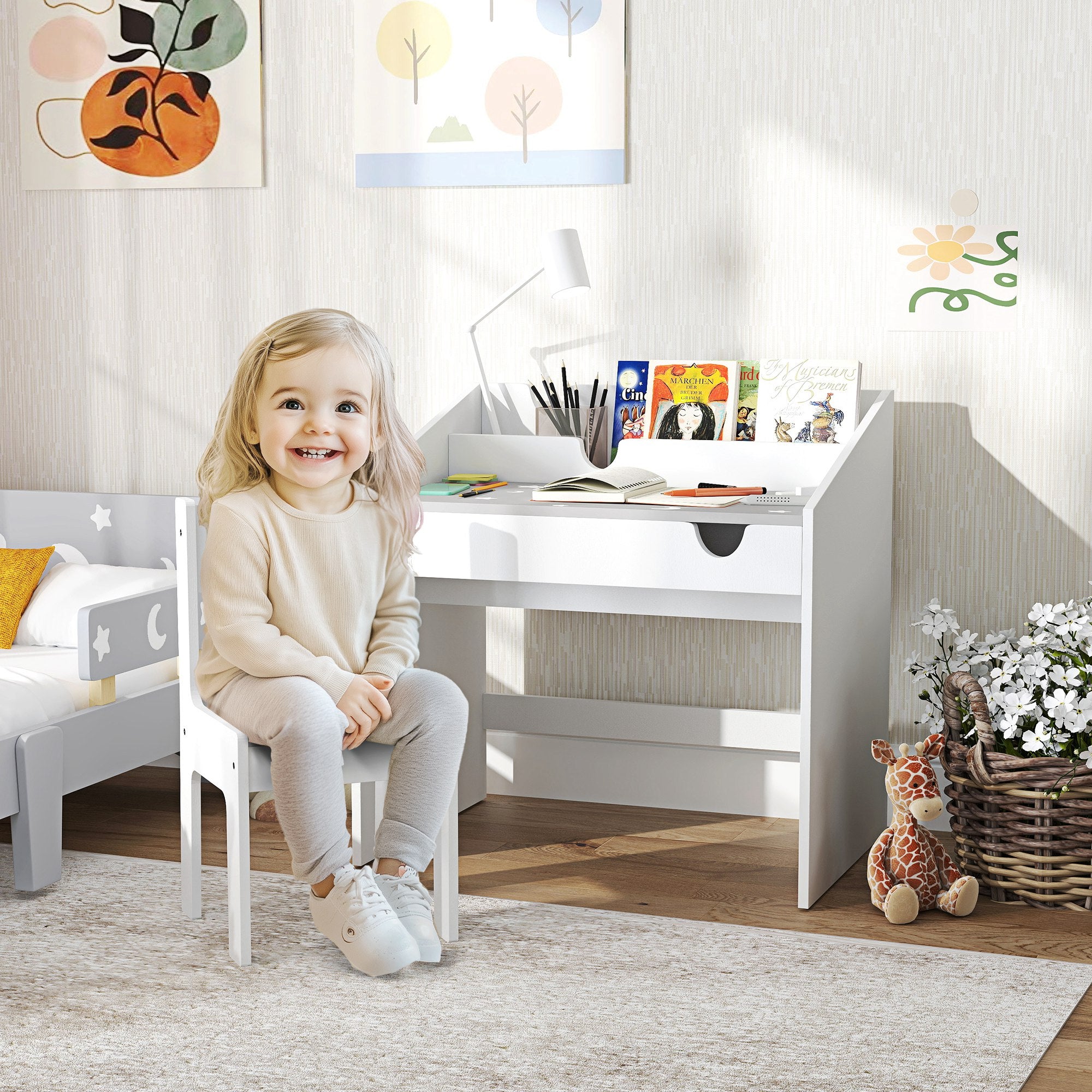 AIYAPLAY Children Study Table and Chair, Kids Desk and Chair Set with Storage, Pull-out Drawer, Gift for 3-6 Years Old - Grey - North Peak Garden Furniture