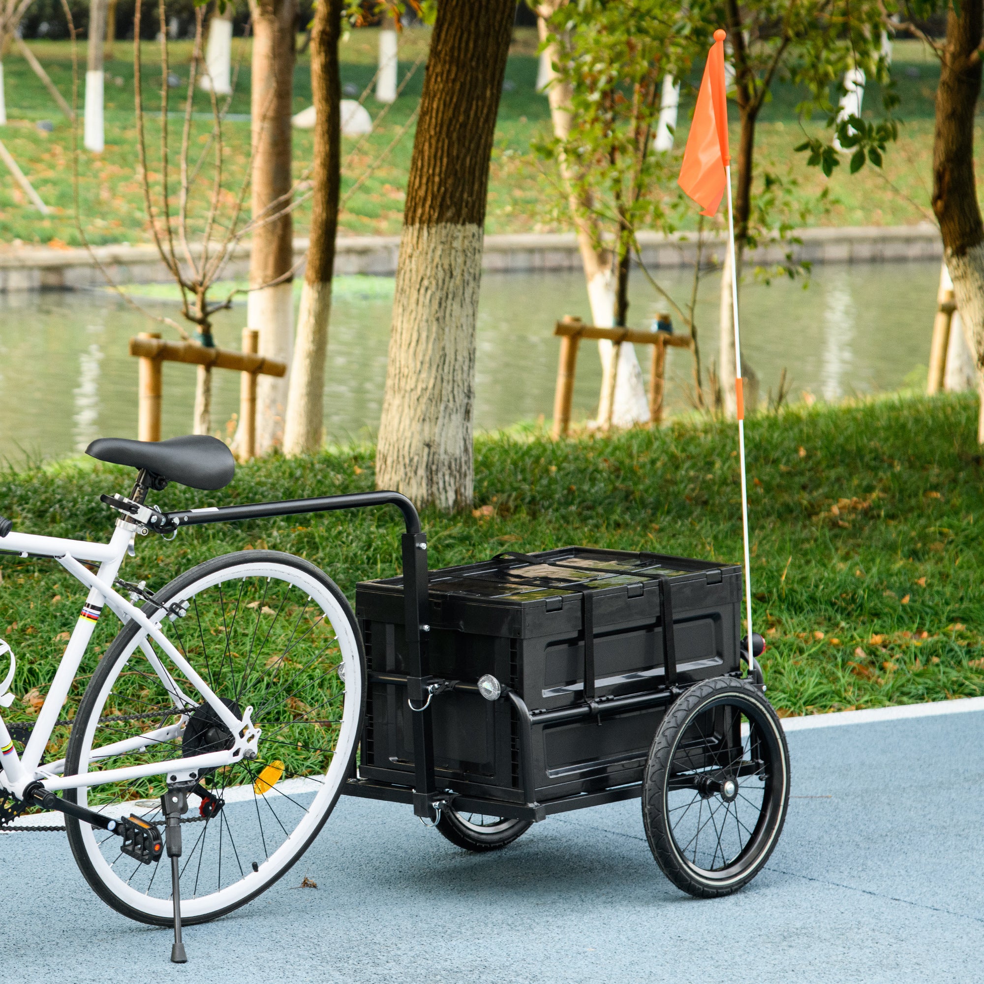 HOMCOM Steel Trailer for Bike, Bicycle Cargo Trailer with 65L Foldable Storage Box and Safe Reflectors, Max Load 40KG, Black - North Peak Garden Furniture