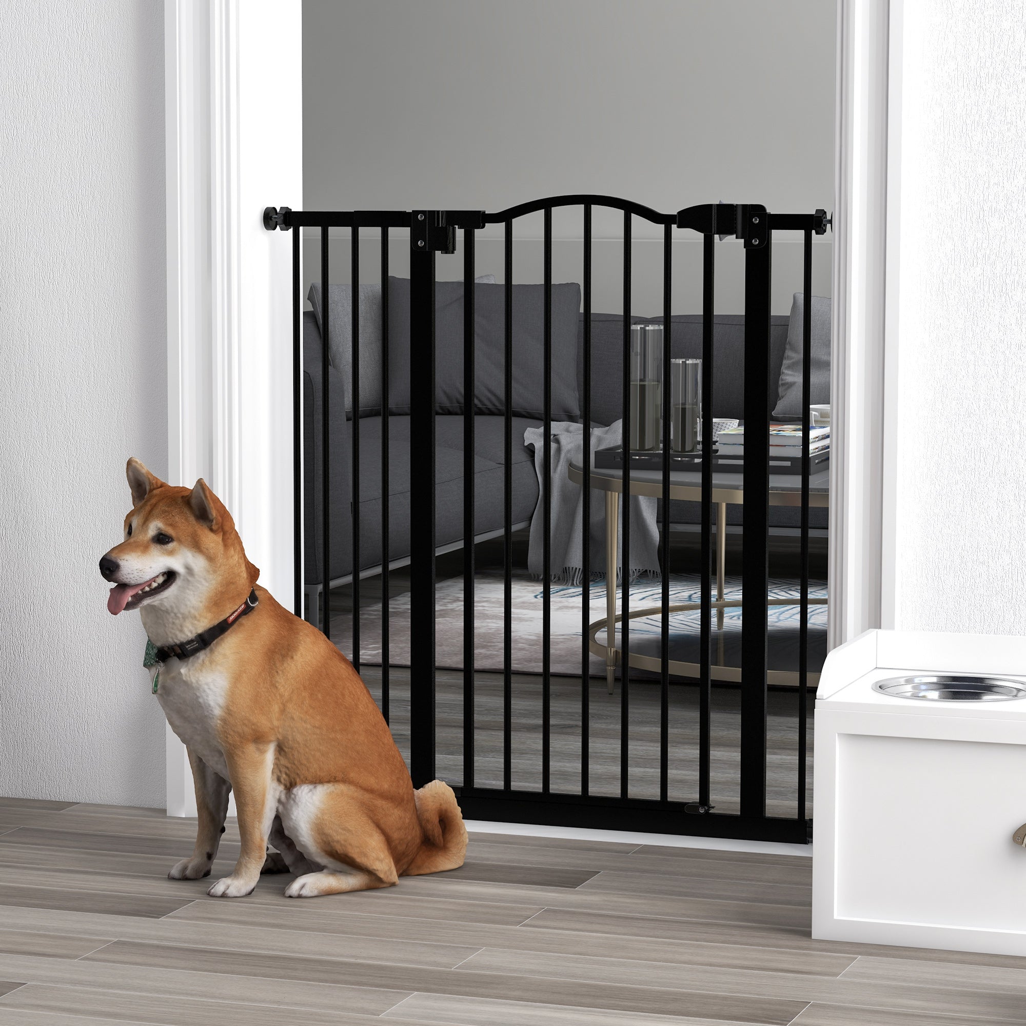 PawHut Pressure Fit Dog Stair Gate No Drilling Safety Gate Auto Close for Doorways, Hallways, 74-94cm Adjustable, 94cm Tall, Black - North Peak Garden Furniture