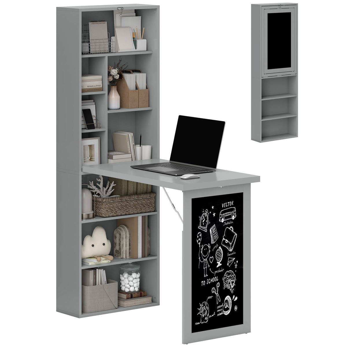 HOMCOM Folding Convertible Desk with Blackboard Multi-function Computer Office Workstation Side Shelf for Home Office, Grey