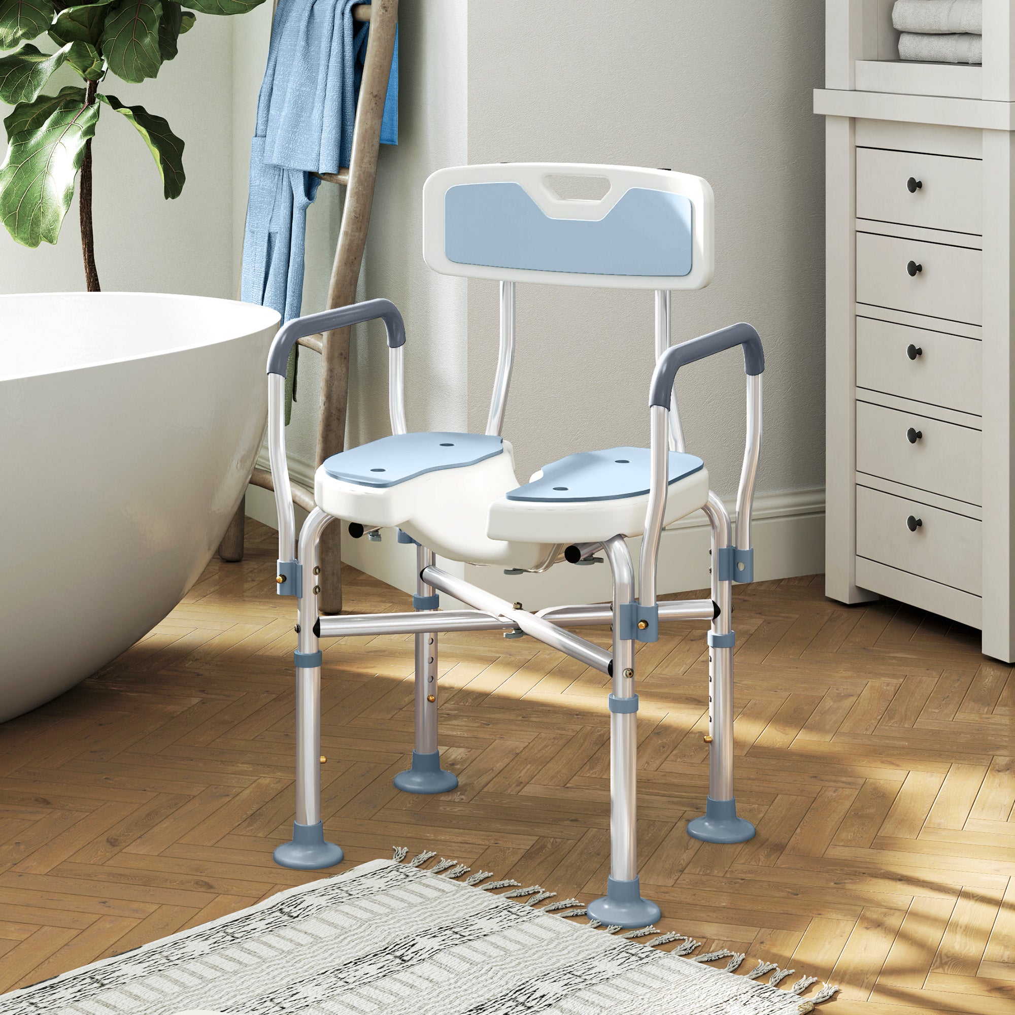 HOMCOM Aluminium Shower Chair, with Padded Seat - Light Blue - North Peak Garden Furniture
