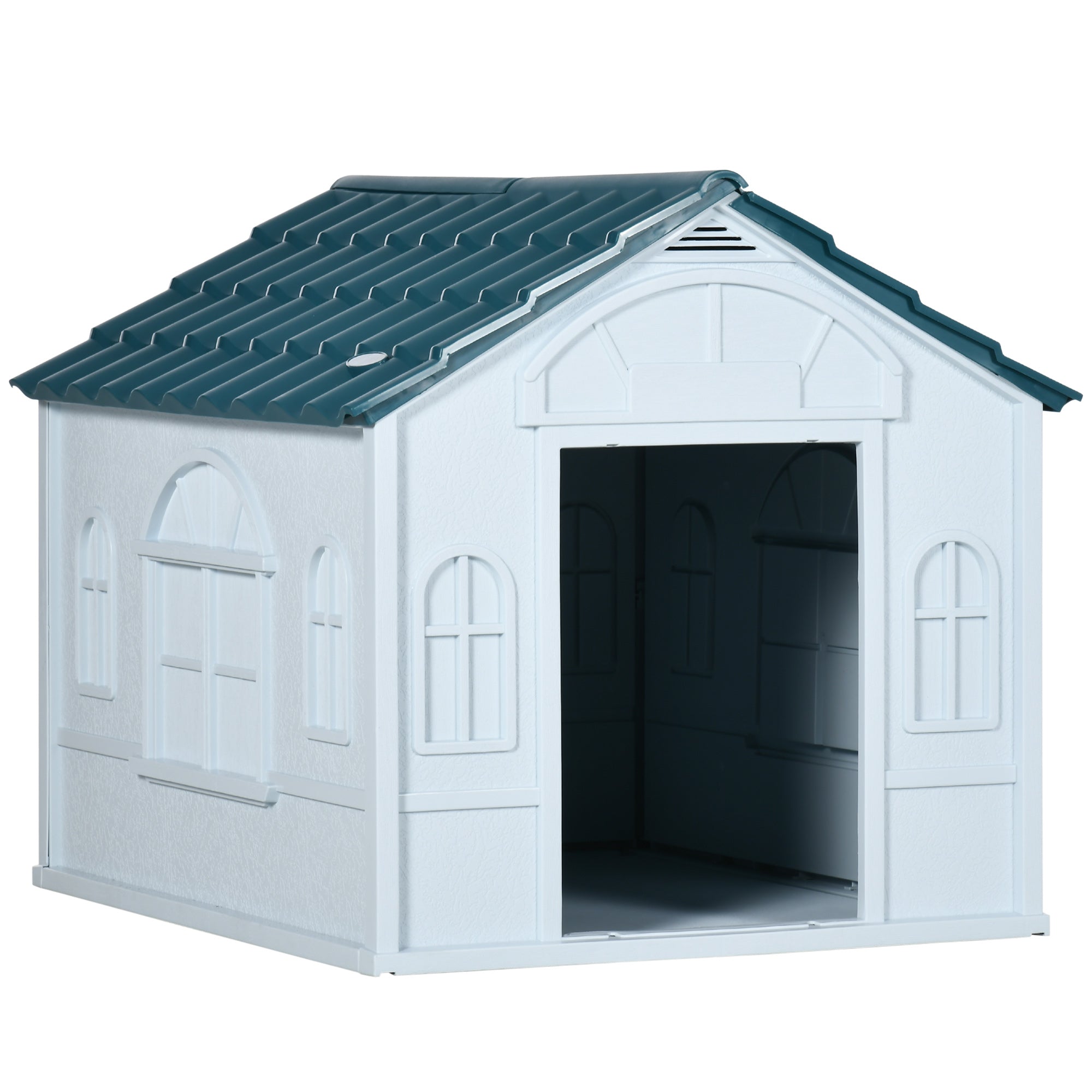 PawHut Plastic Weather-Resistant Dog House, for Indoors and Outdoors, Medium Dogs - White and Blue - North Peak Garden Furniture