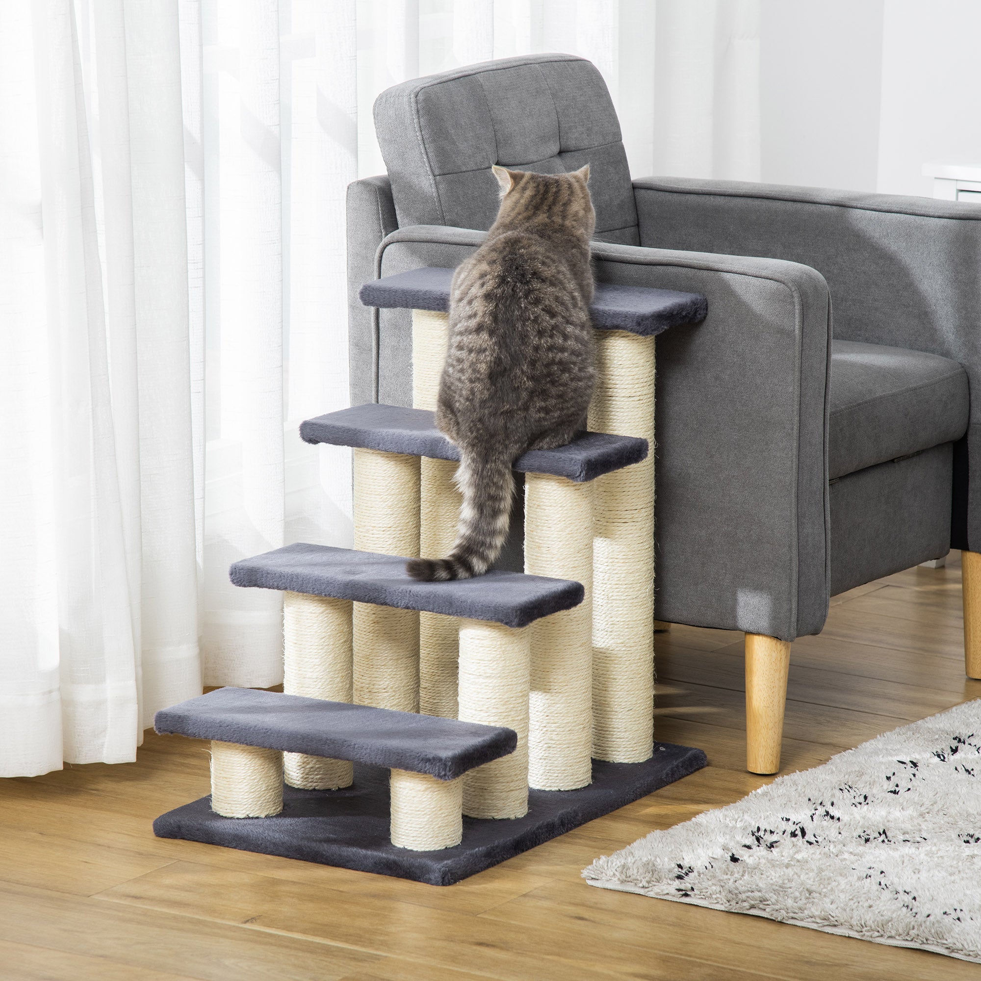 PawHut Dog Steps for Bed 4 Step Pet Stairs for Dog Cat ladder Scratch Post Grey - North Peak Garden Furniture