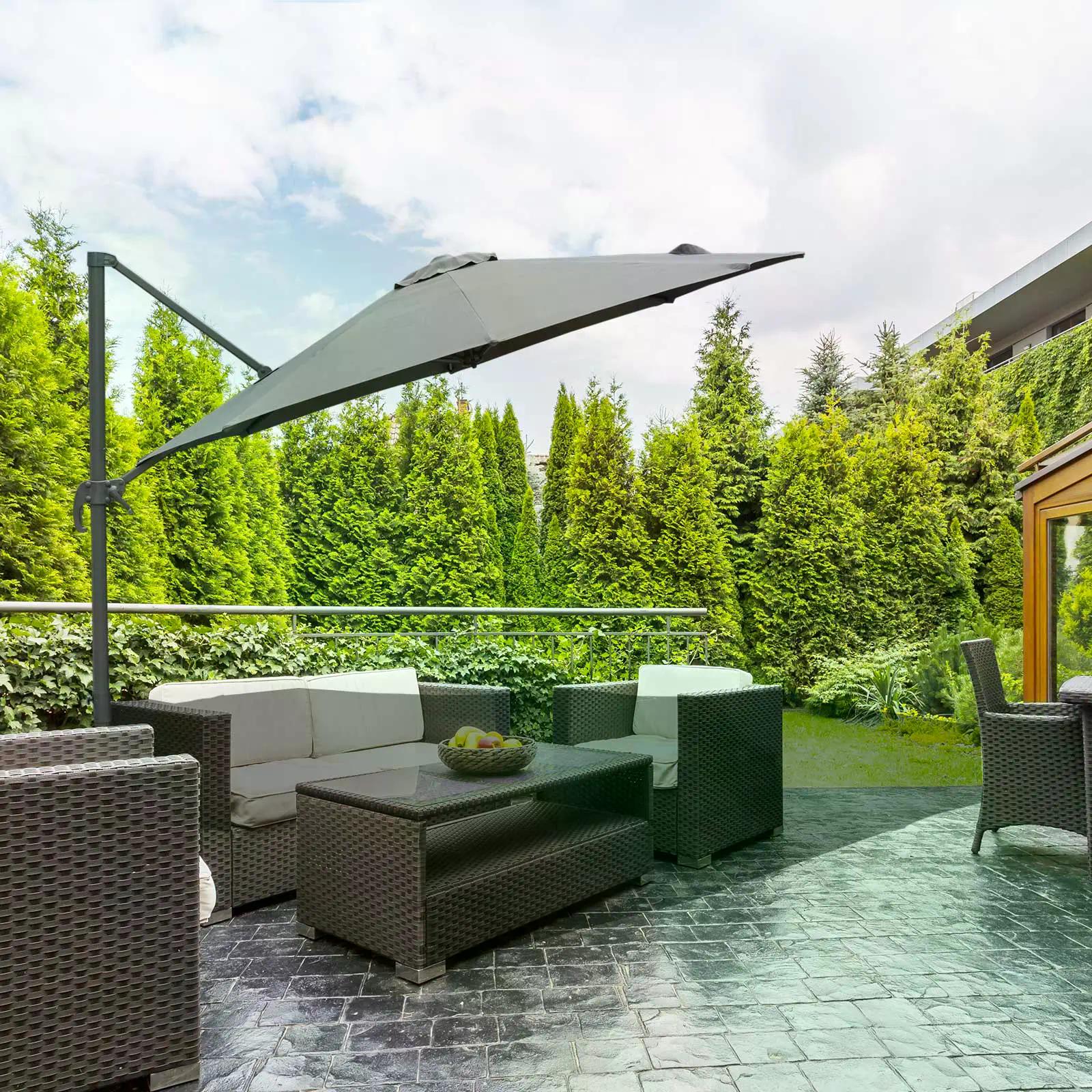 Outsunny 3(m) Offset Parasol Cantilever Hanging Umbrella 360° Rotation w/ Base Dark Grey - North Peak Garden Furniture