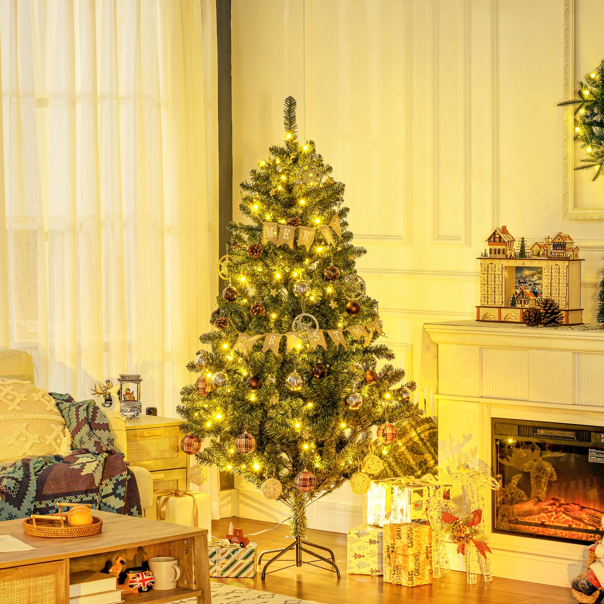 HOMCOM 6' Artificial Prelit Christmas Trees Holiday Décor with Warm White LED Lights, Decoration, Banner, Tag, Ball - North Peak Garden Furniture